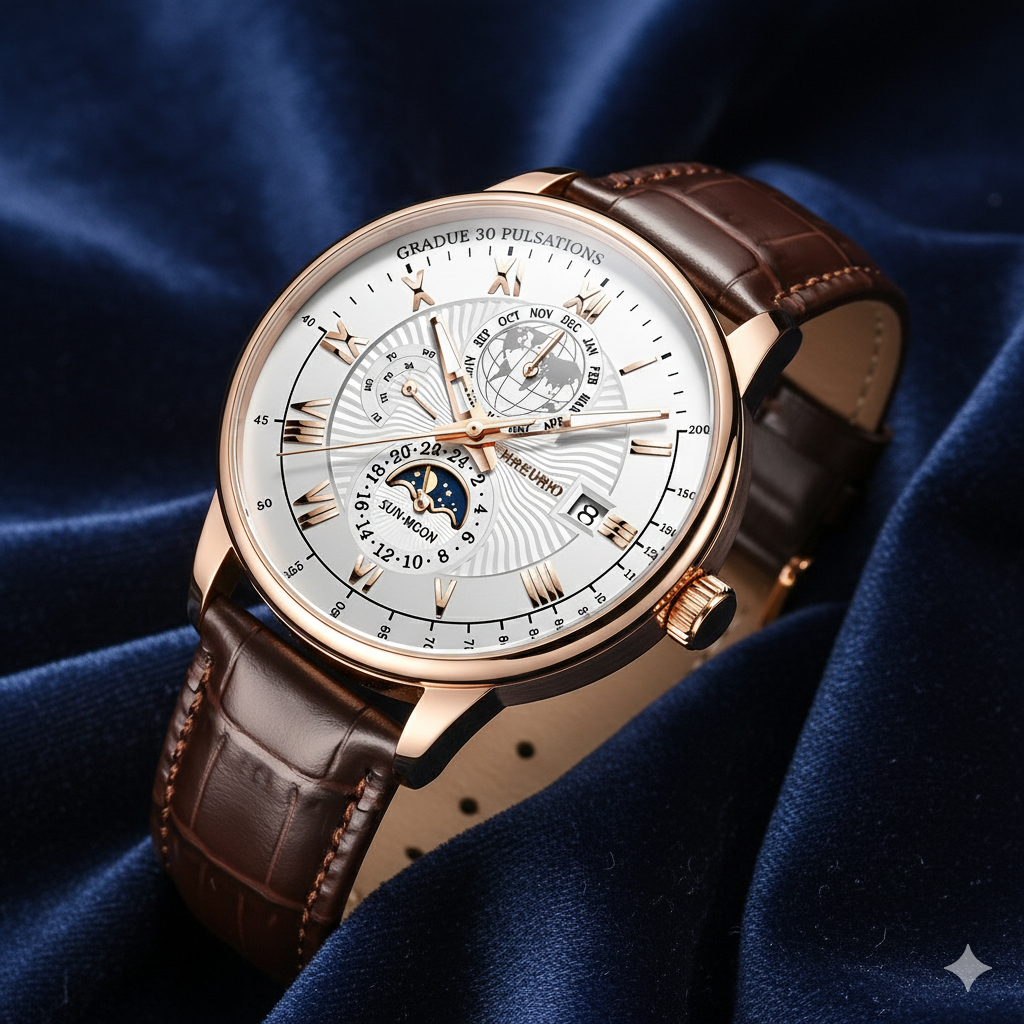 Men’s Luxury Rose-Gold Multi-Function Calendar Watch