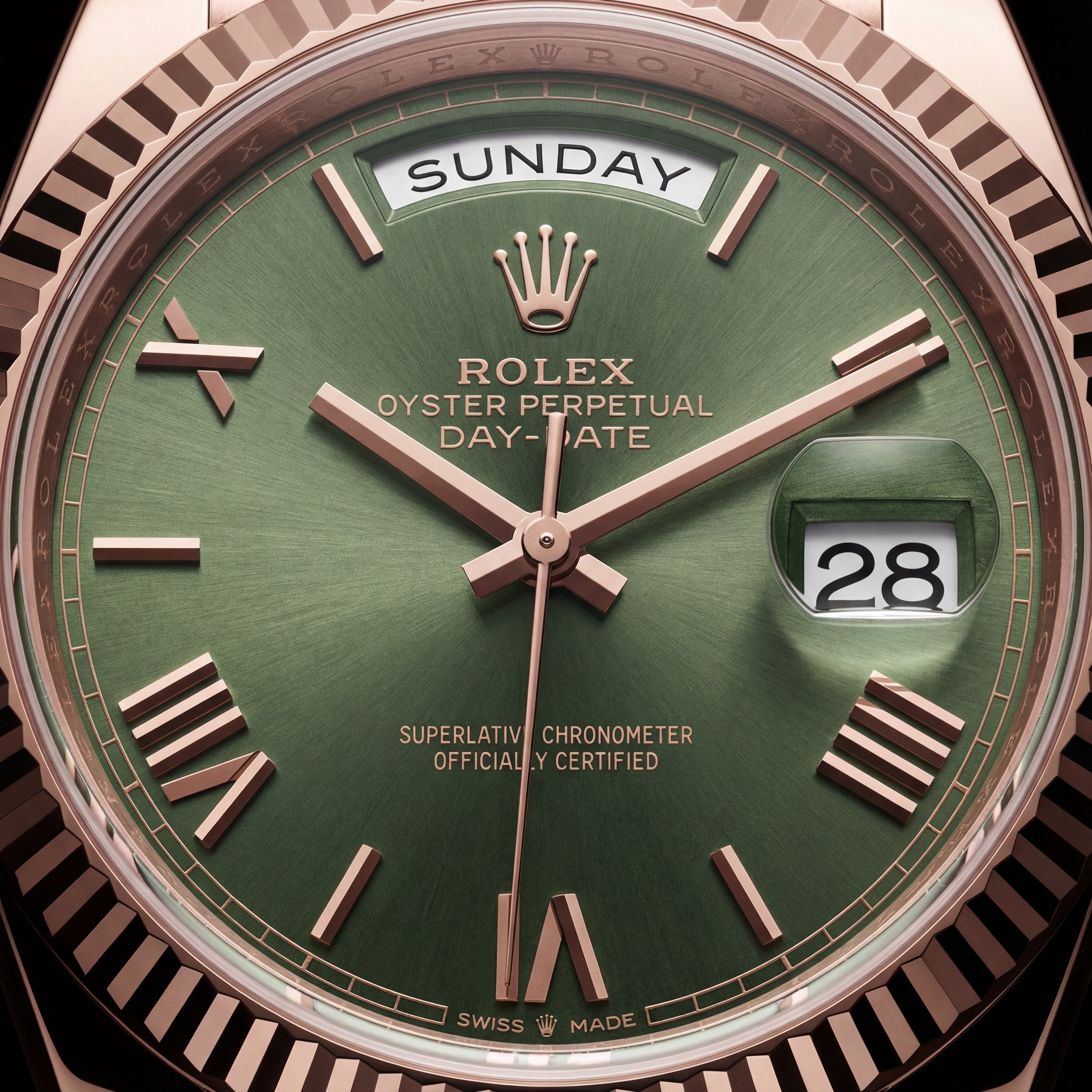 Rose Gold Day-Date Green Sunray Roman Dial Men’s Watch