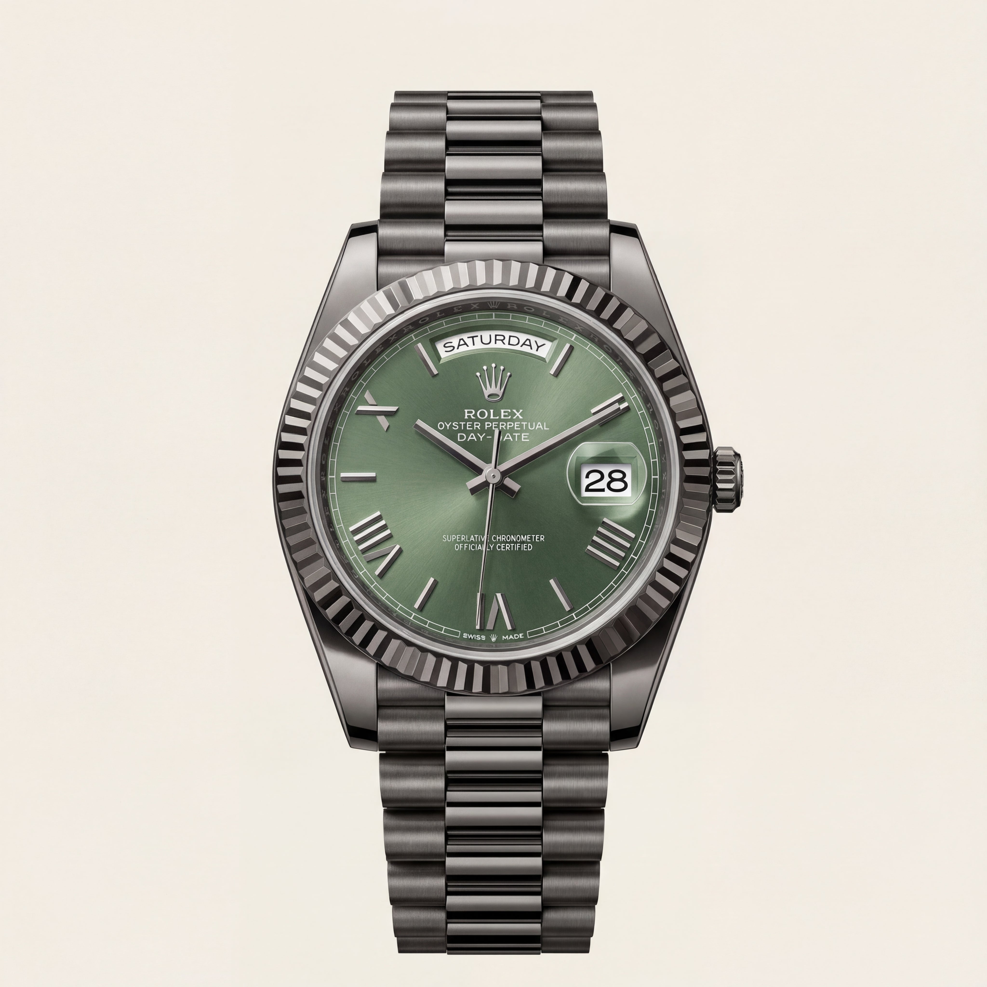 Forest Green Fluted Bezel Day-Date Steel Watch
