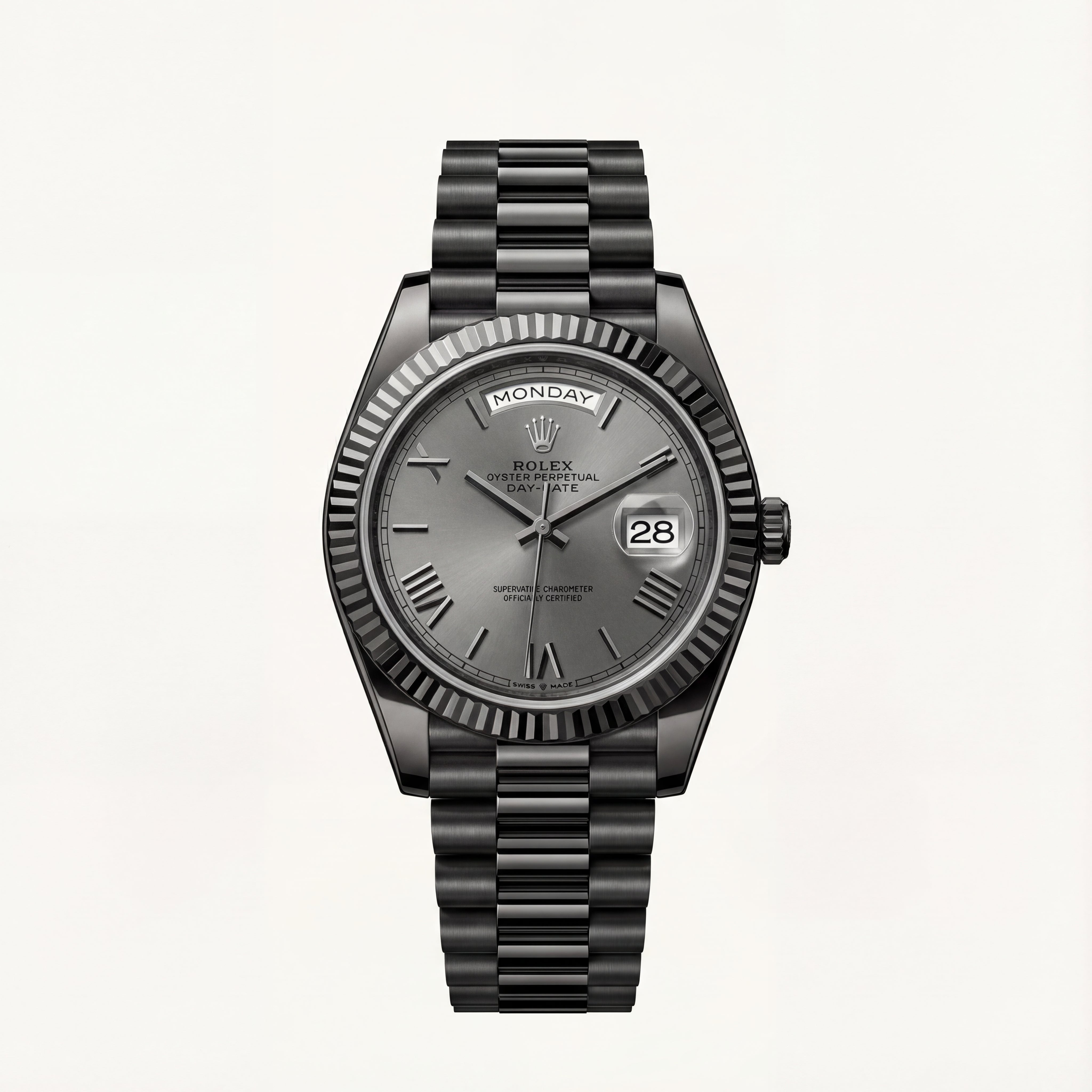 Slate Grey Fluted Bezel Day-Date Steel Watch