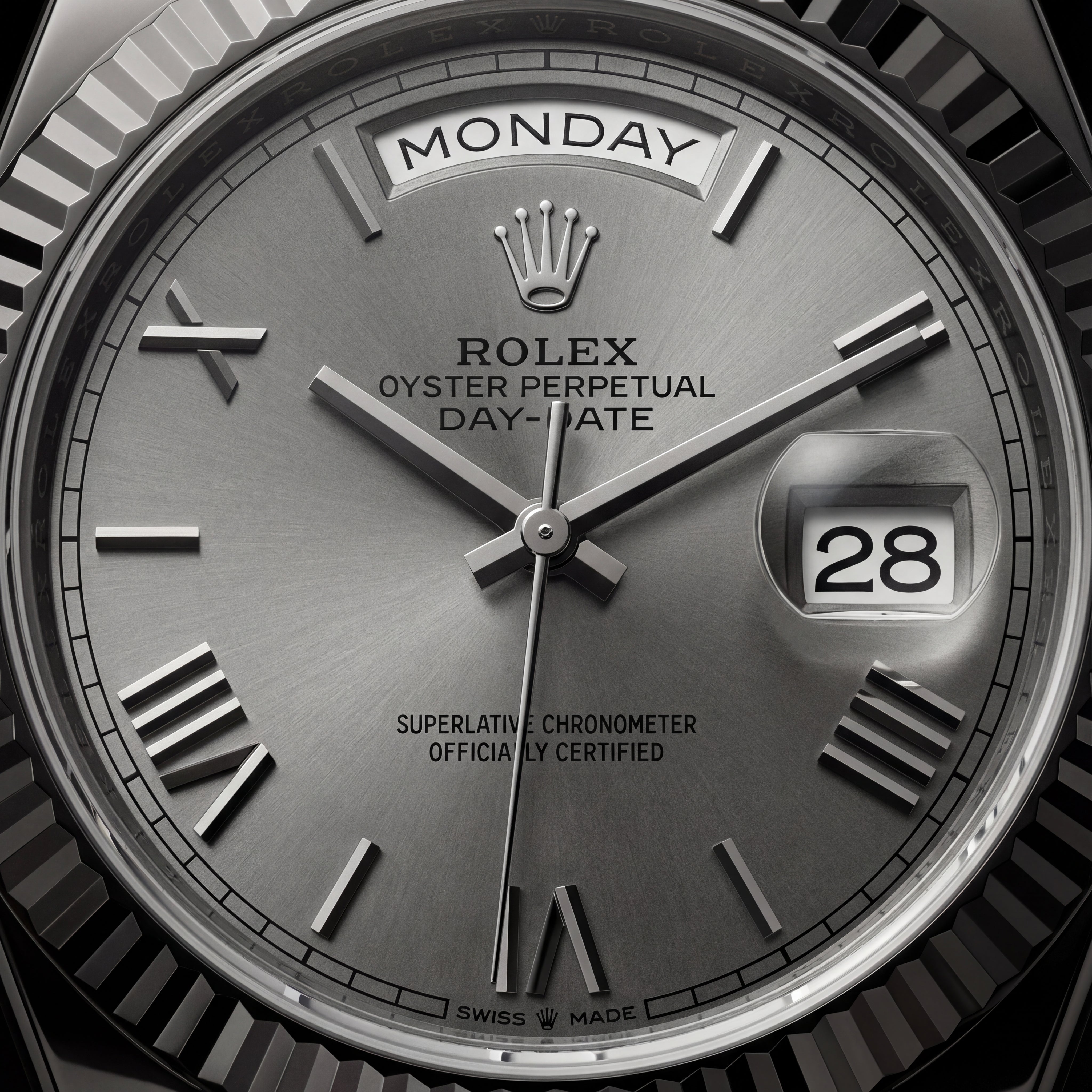 Slate Grey Fluted Bezel Day-Date Steel Watch