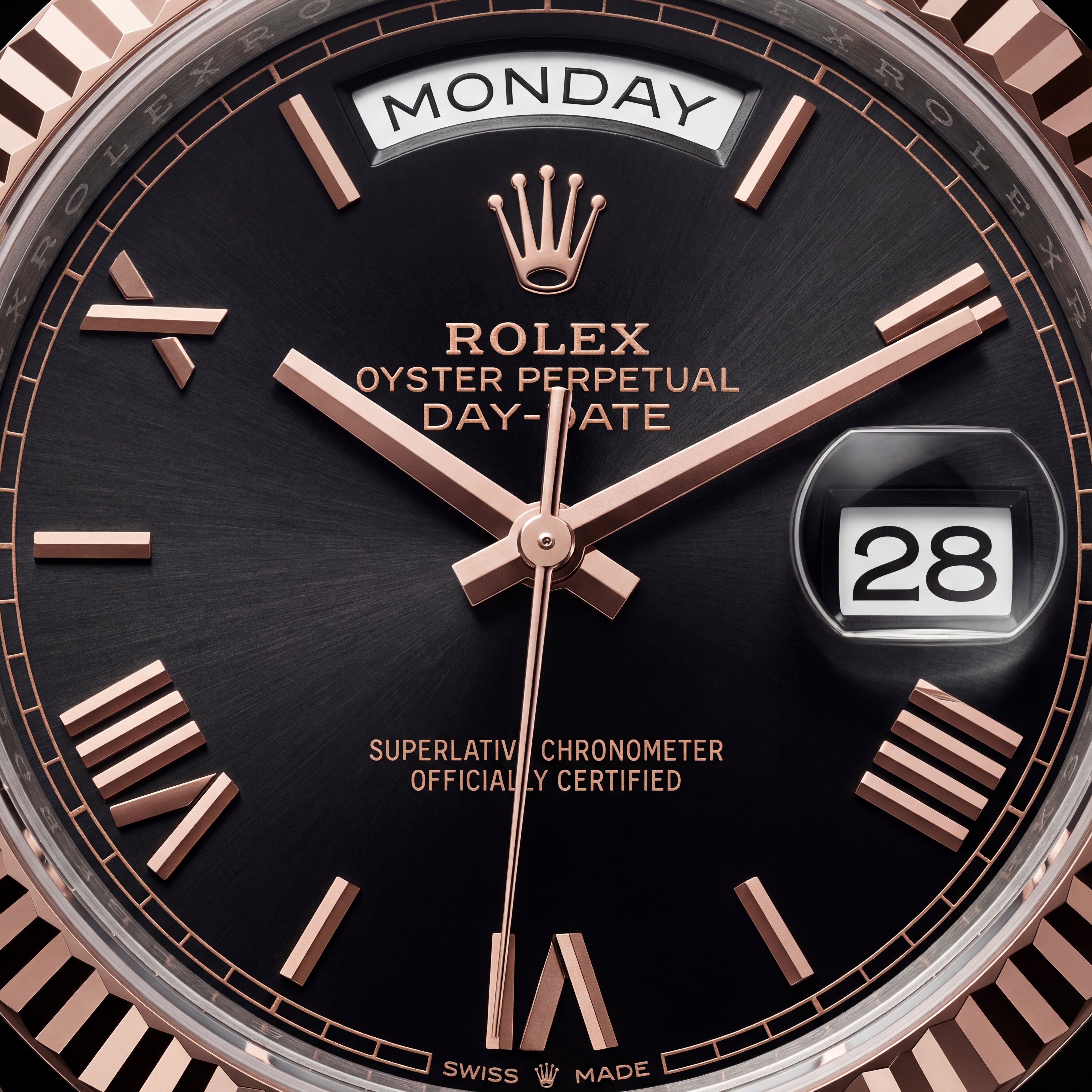 Obsidian Black Fluted Bezel Day-Date Steel Watch
