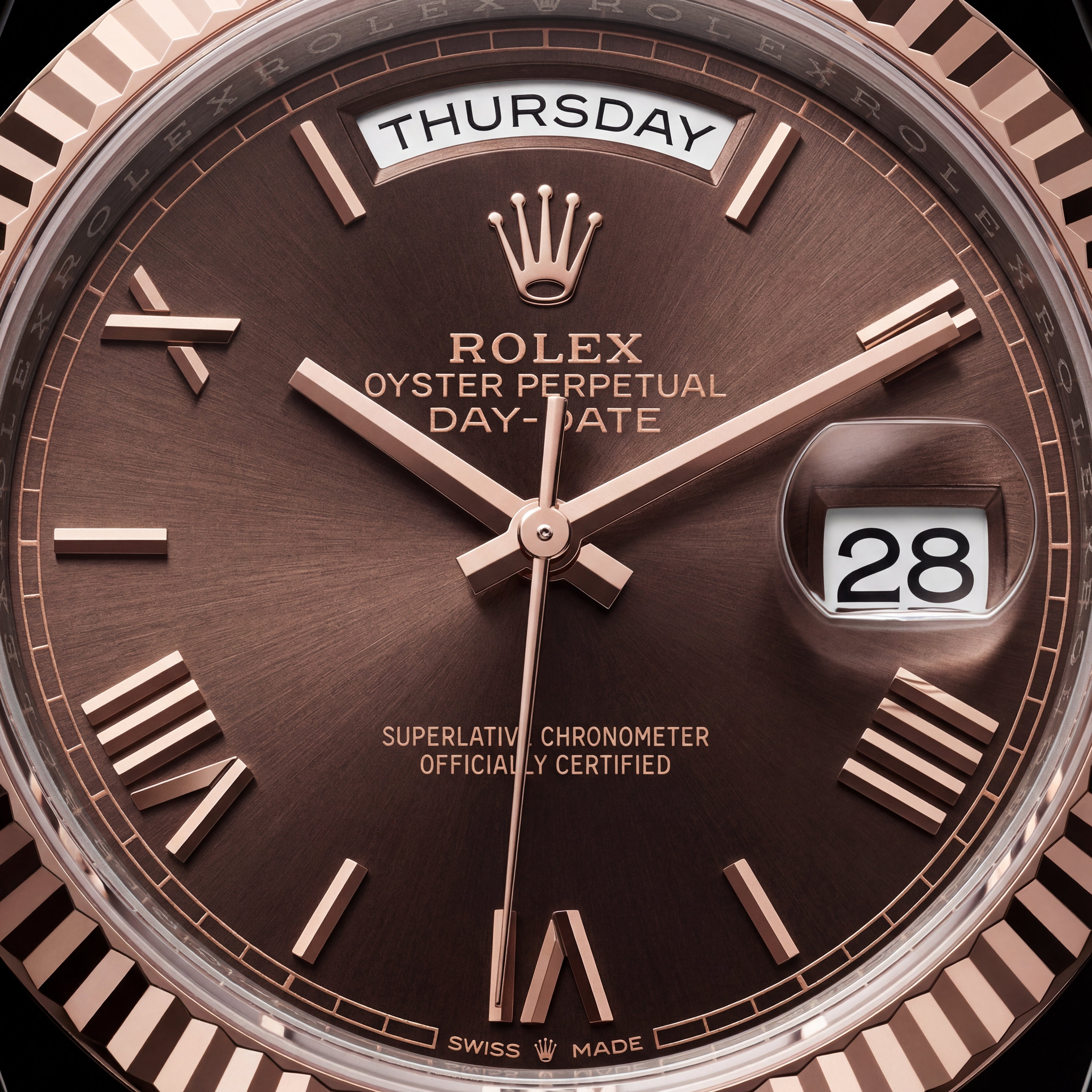 Chocolate Brown Fluted Bezel Day-Date Steel Watch