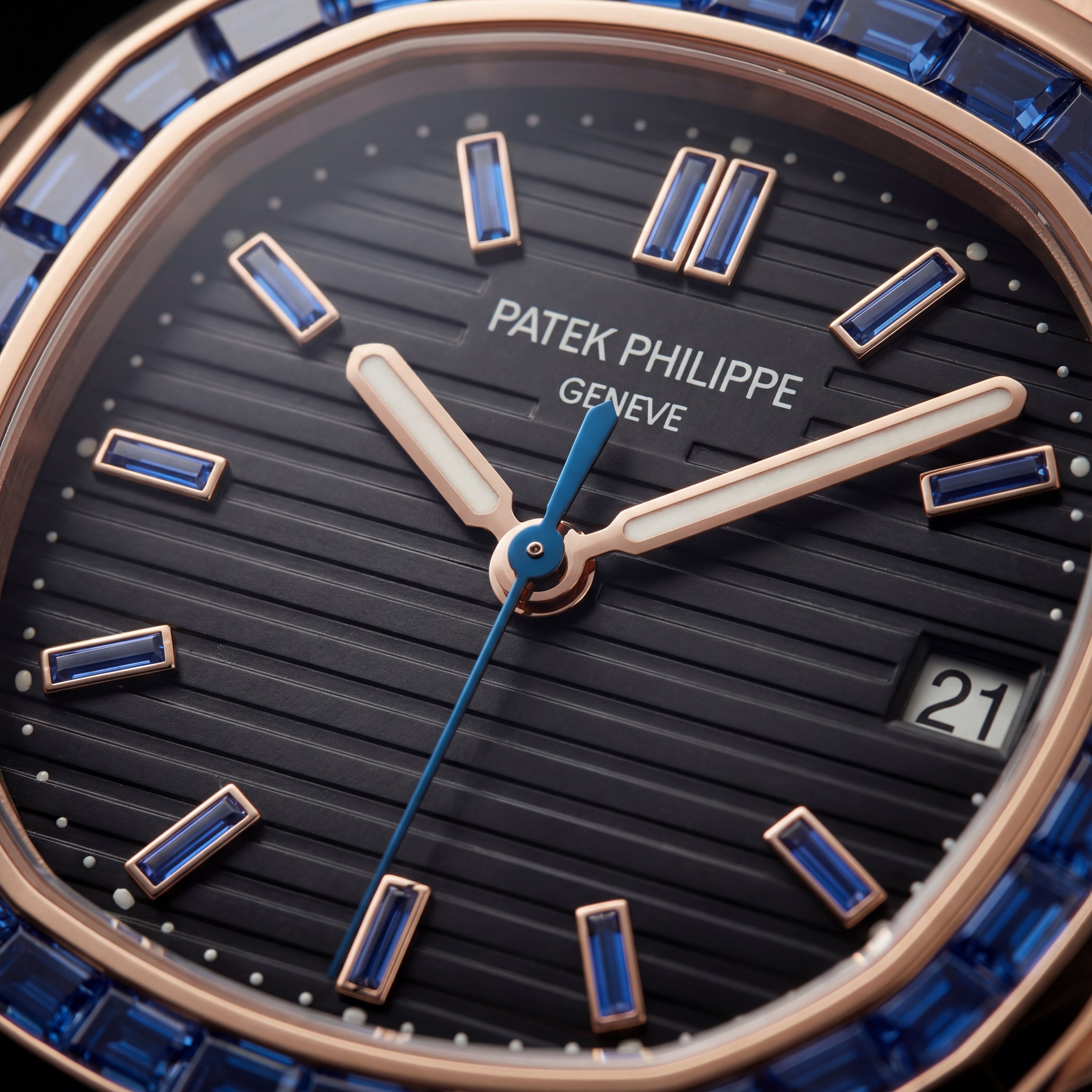 Rose Gold Stainless Steel Watch with Blue Gem Bezel & Black Dial