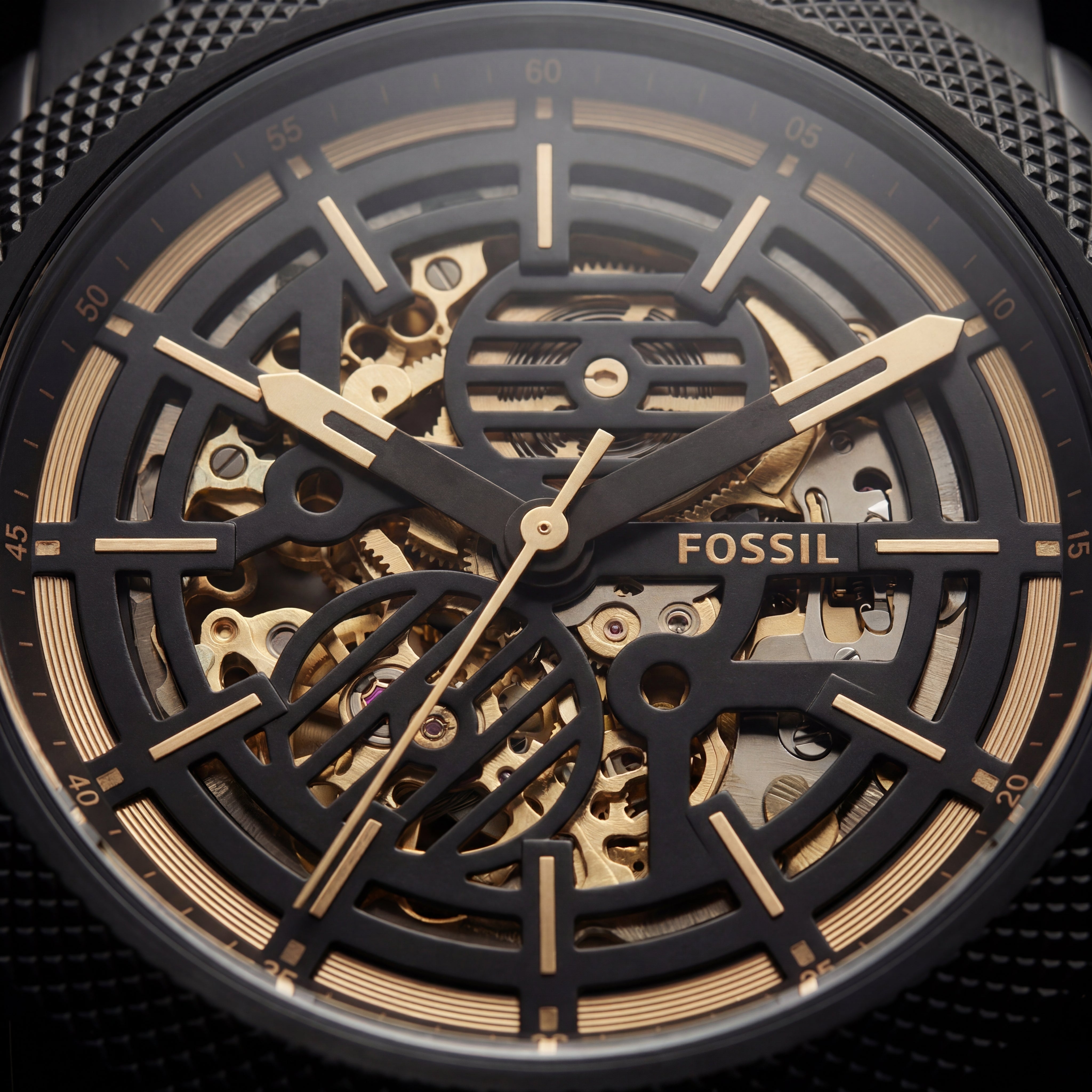 All-Black Skeleton Automatic Men’s Watch with Gold Mechanism