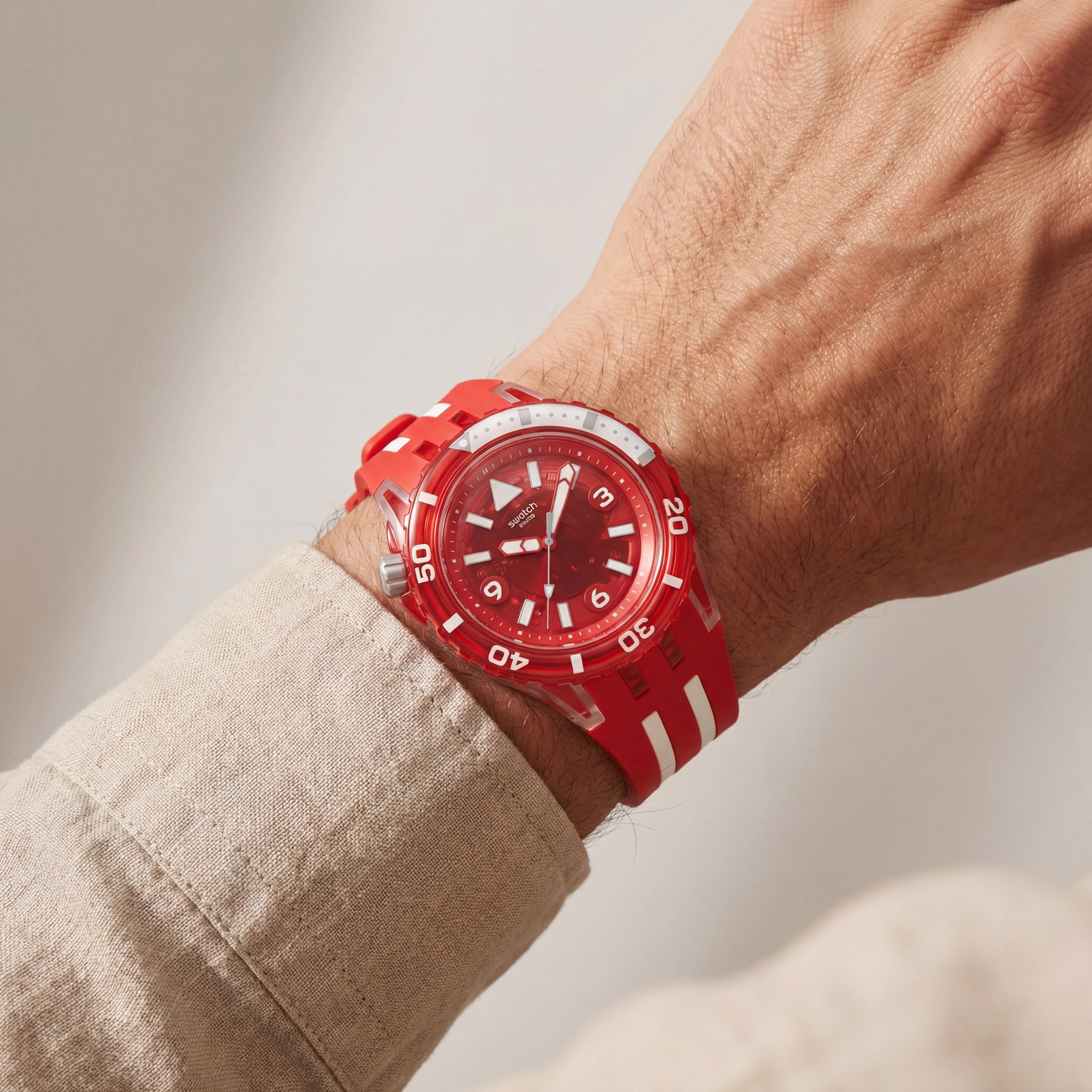 Red Transparent Dive-Style Men’s Watch with Sport Silicone Strap