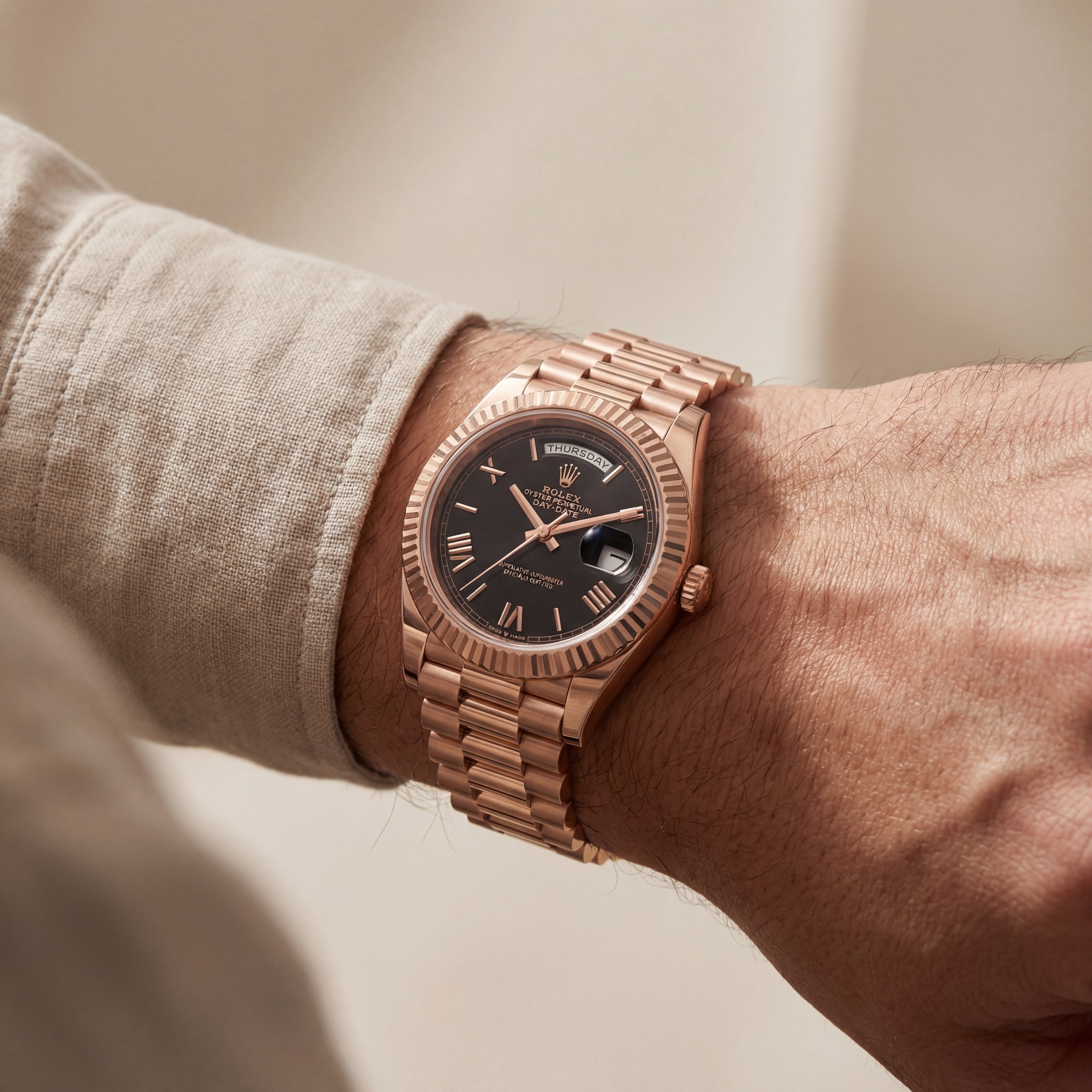 Rose Gold Day-Date President-Style Luxury Men’s Watch with Black Dial