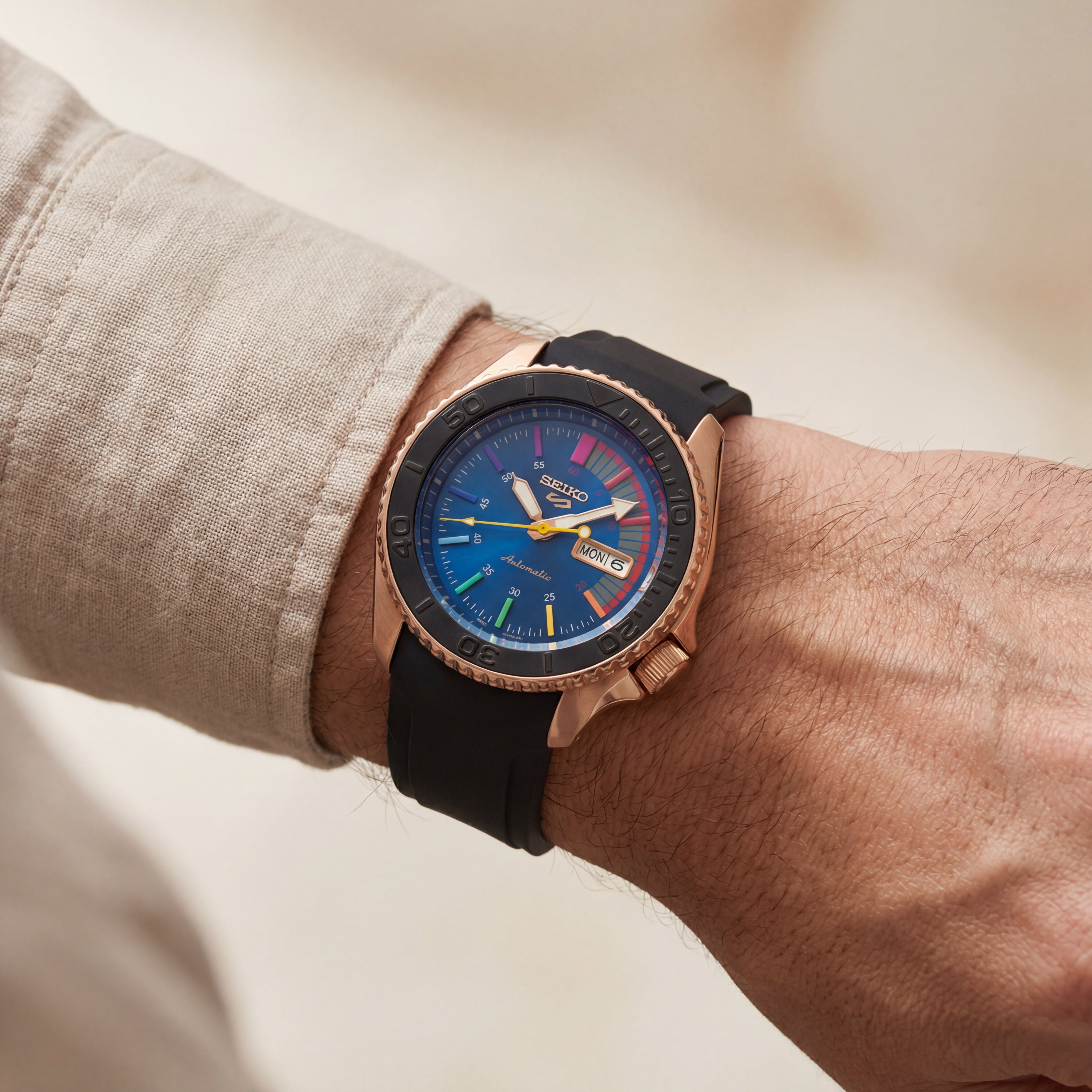 Rose Gold Automatic Dive Men’s Watch with Blue Multicolor Dial & Black Sport Strap