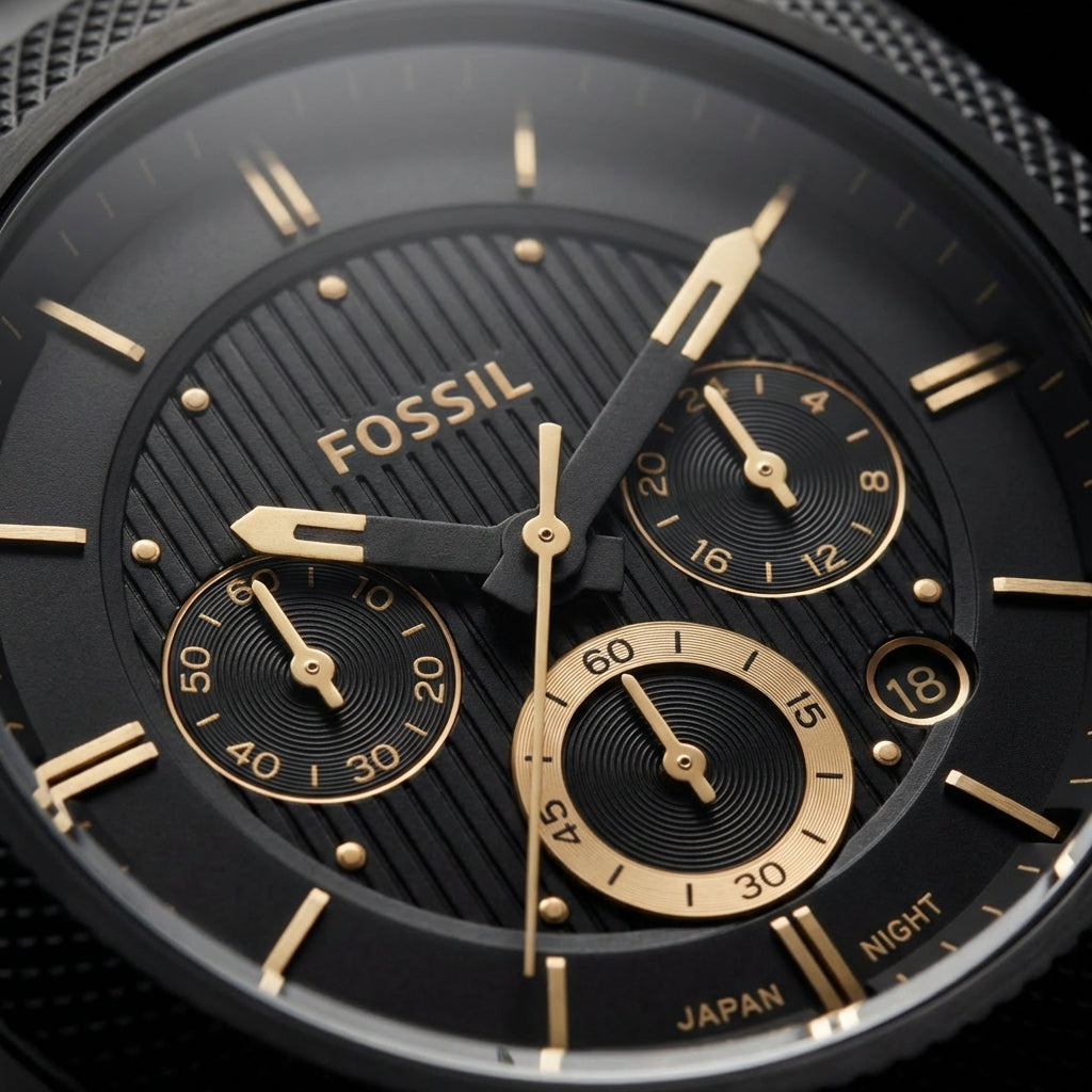 All-Black Chronograph Men’s Watch with Gold Accents