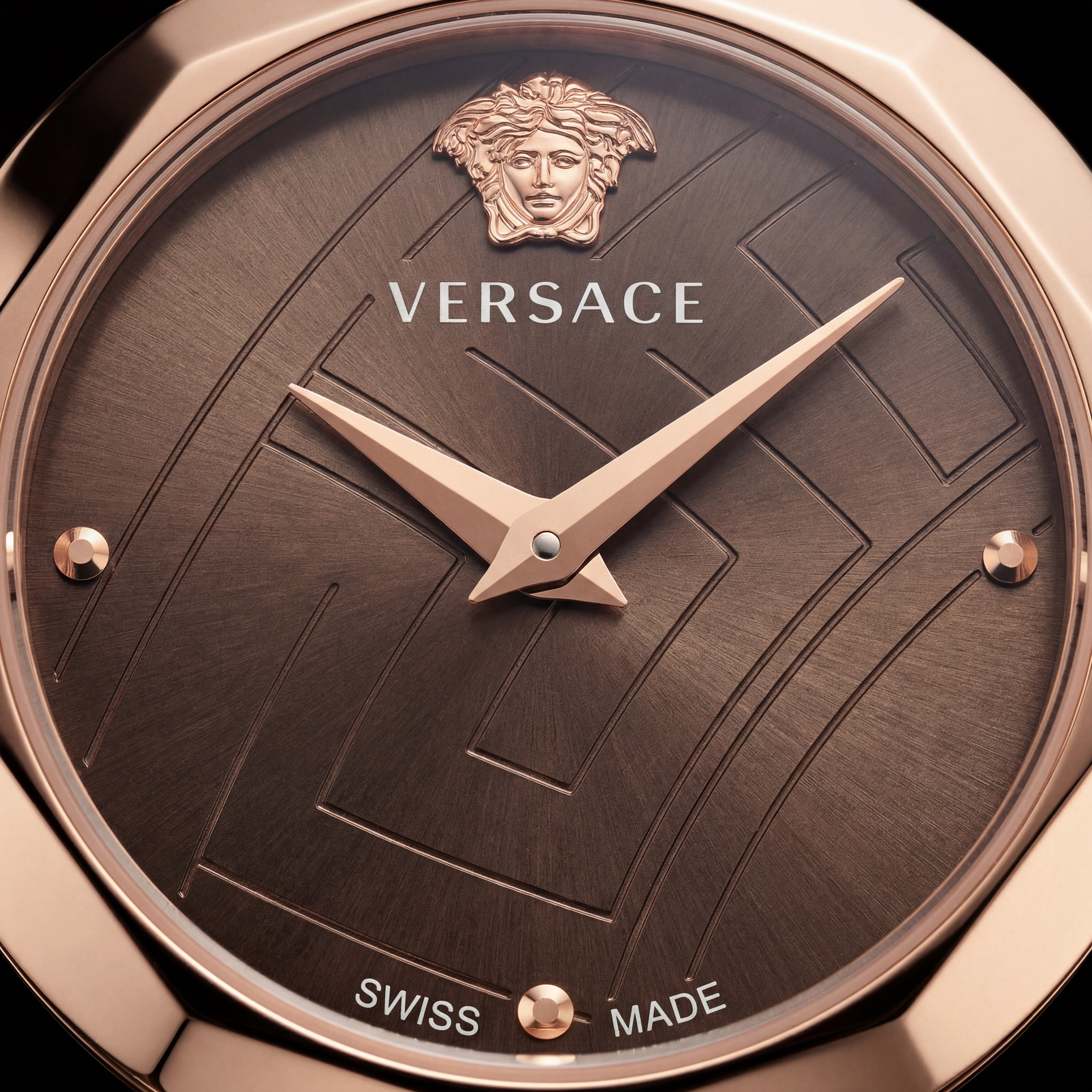 Rose Gold Stainless Steel Case Brown Textured Dial Luxury Medusa Bracelet Watch – Women