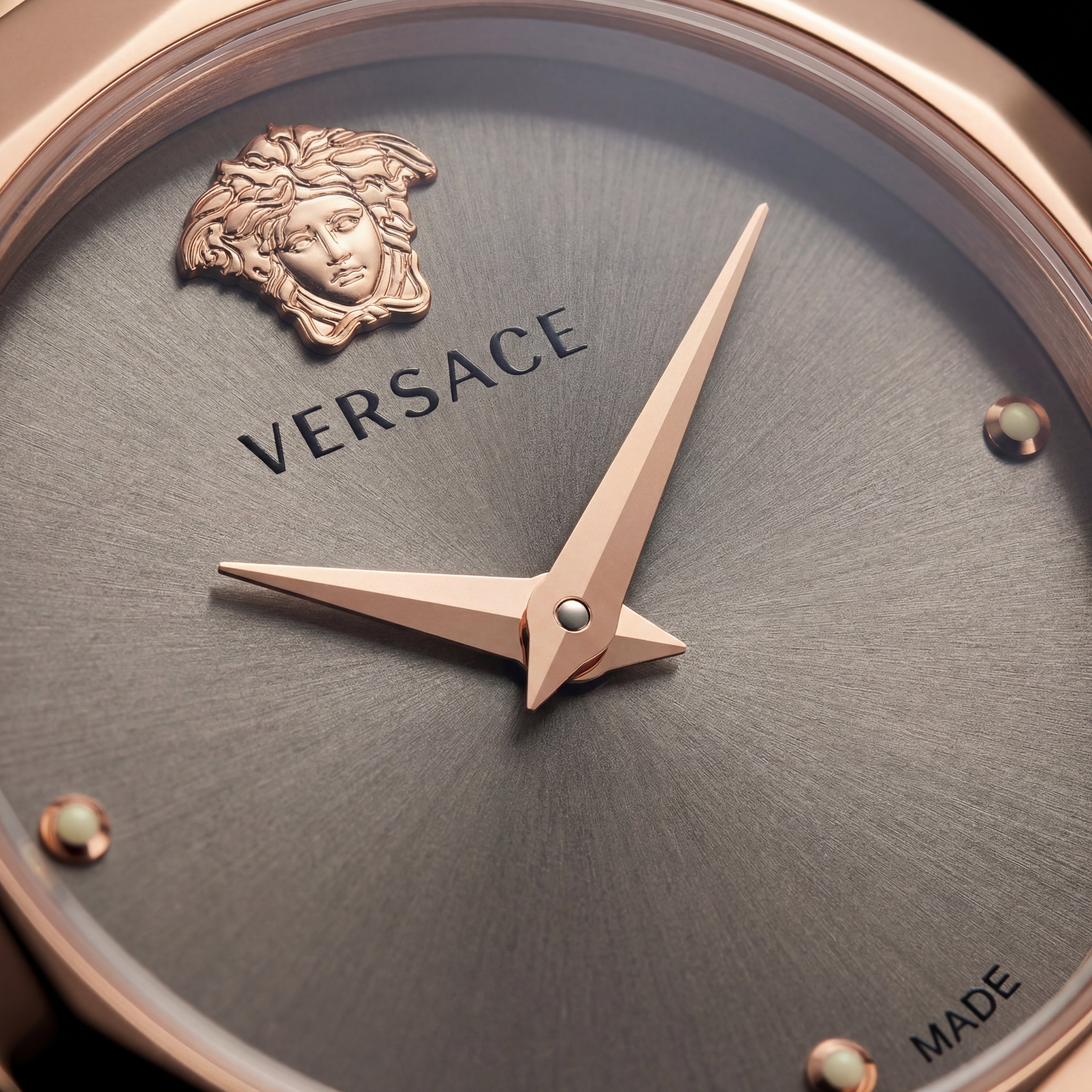 Rose Gold Stainless Steel Case Satin Silver Dial Luxury Medusa Bracelet Watch – Women