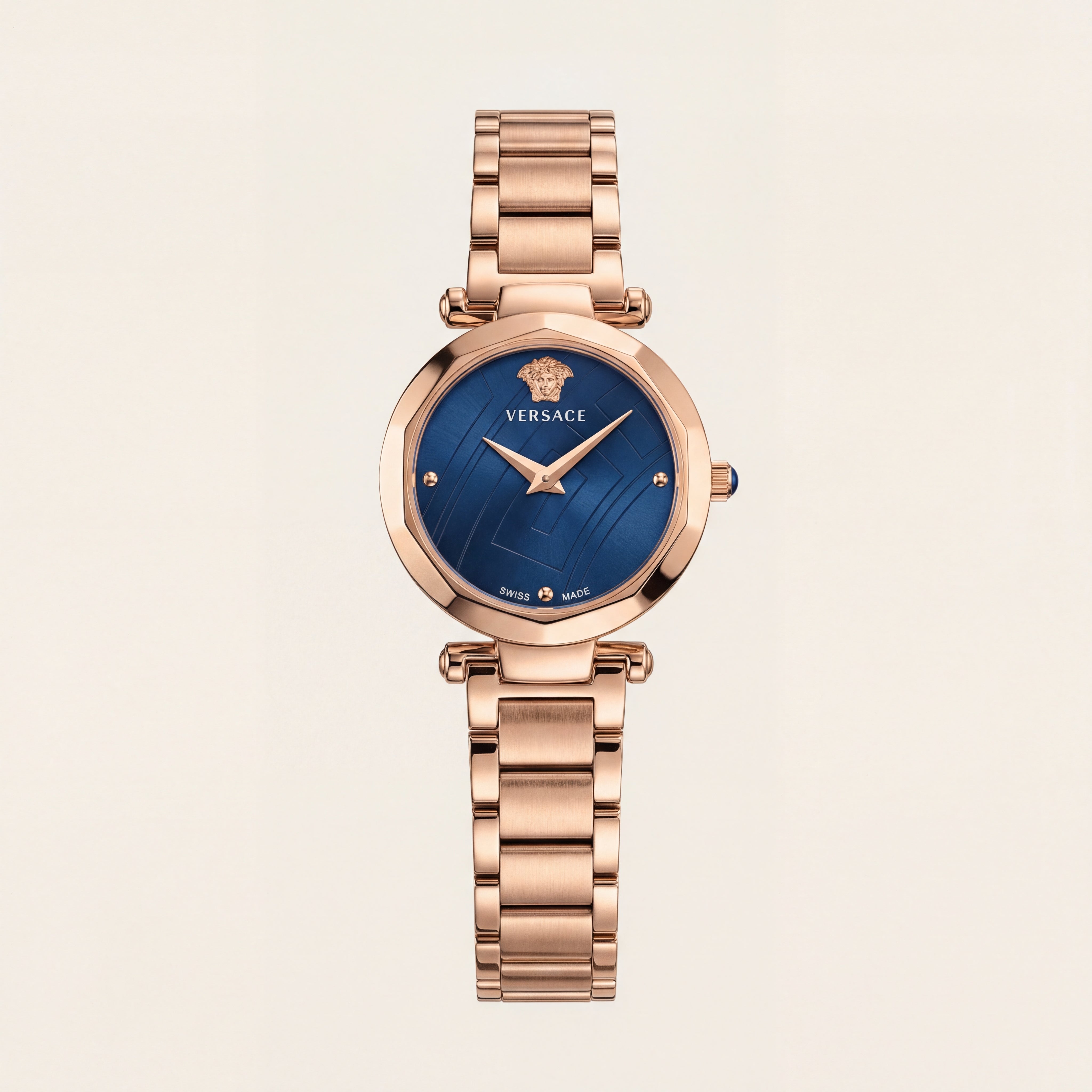 Rose Gold Stainless Steel Case Royal Blue Dial Luxury Medusa Bracelet Watch – Women