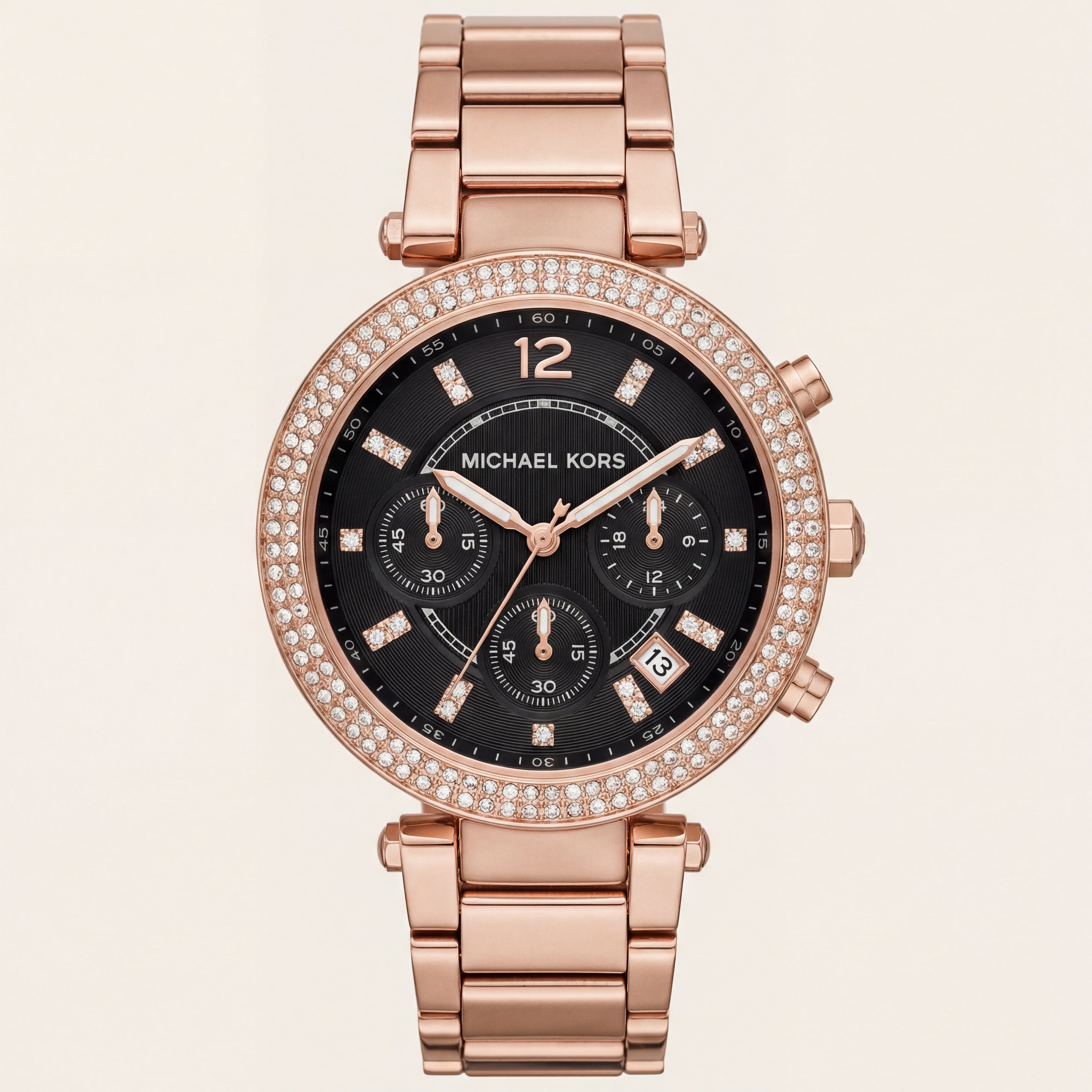 Rose Gold Crystal Bezel Black Dial Chronograph Bracelet Watch