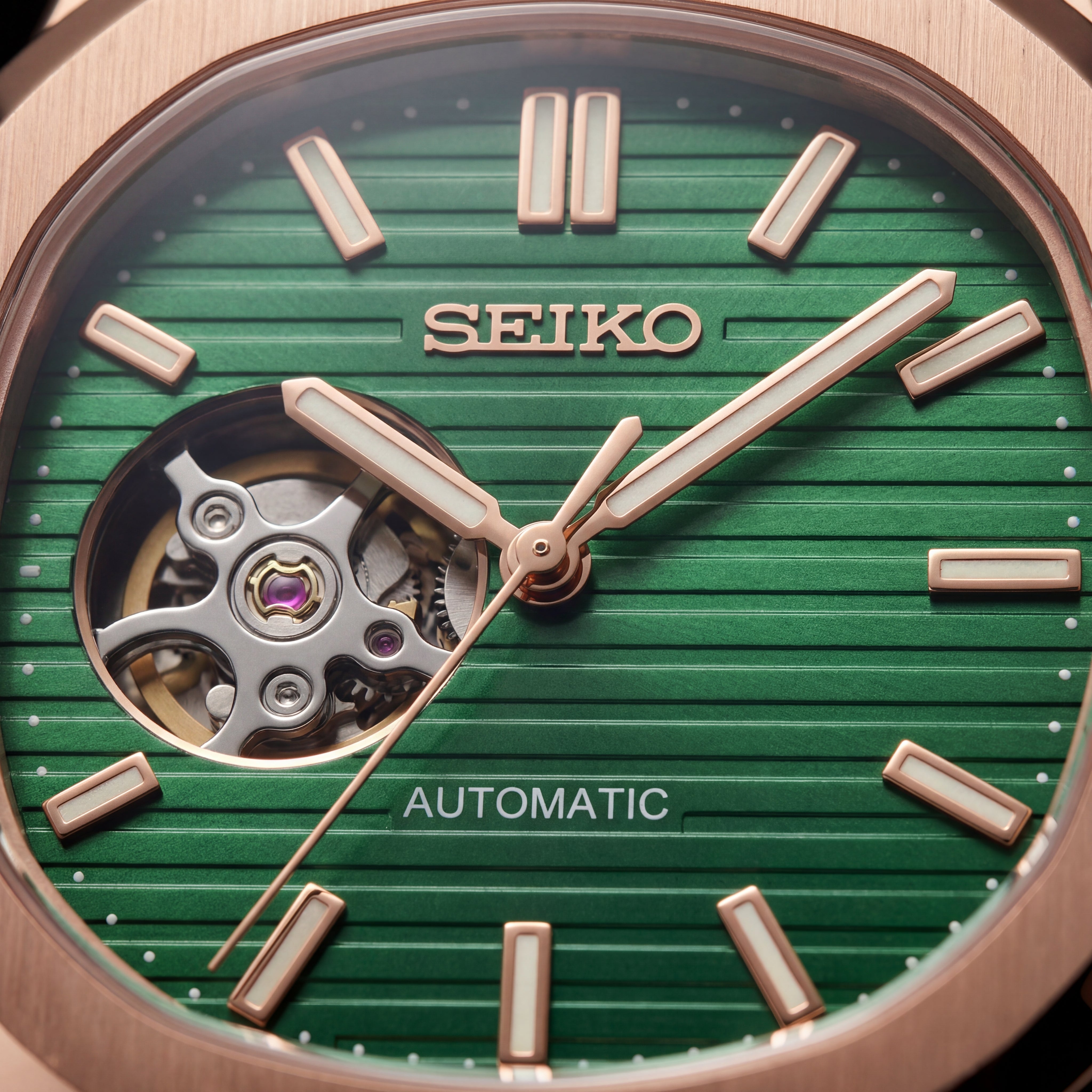 Rose Gold Green Dial Open-Heart Automatic Watch