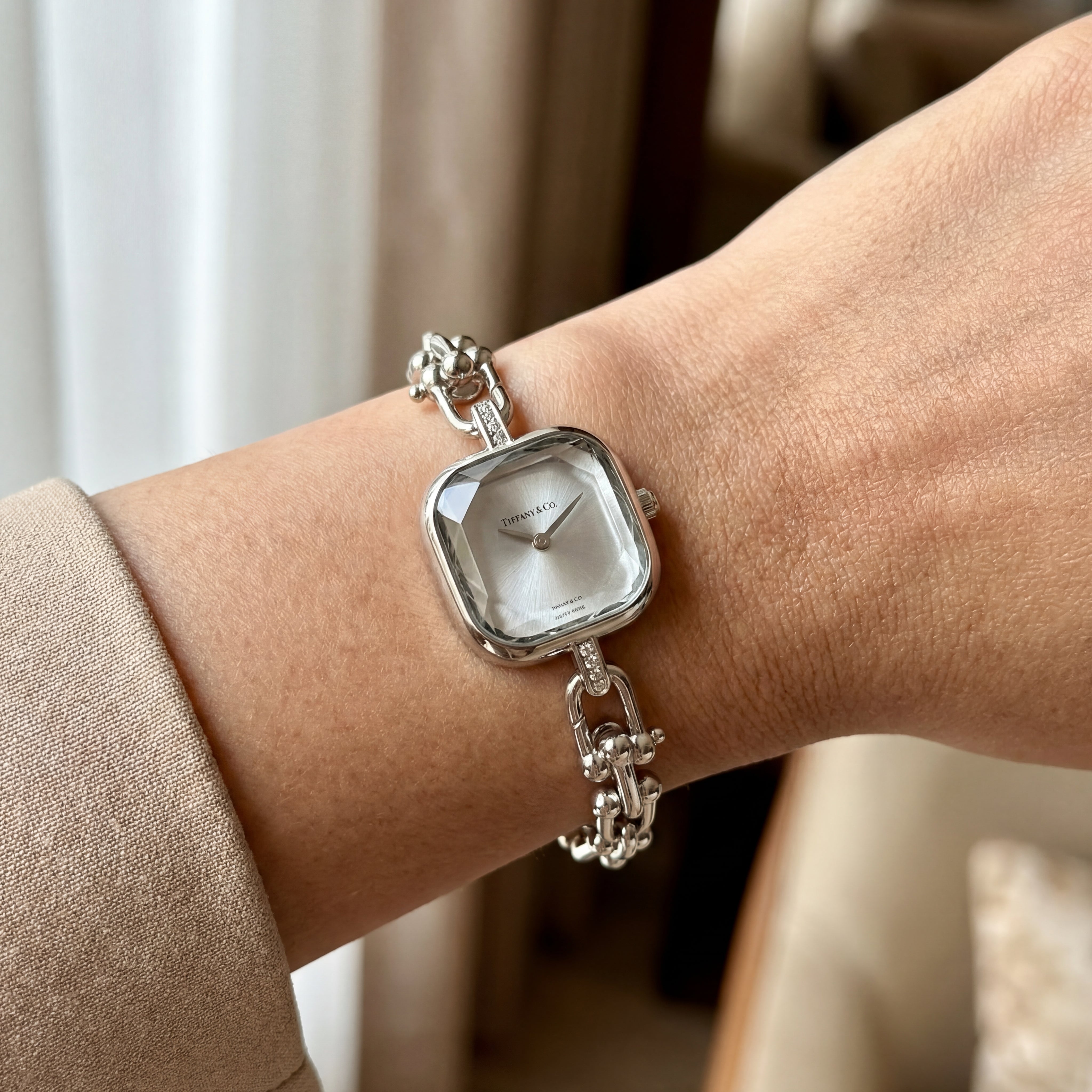 Silver Square Case Crystal Faceted Dial Jewelry Bracelet Watch – Women