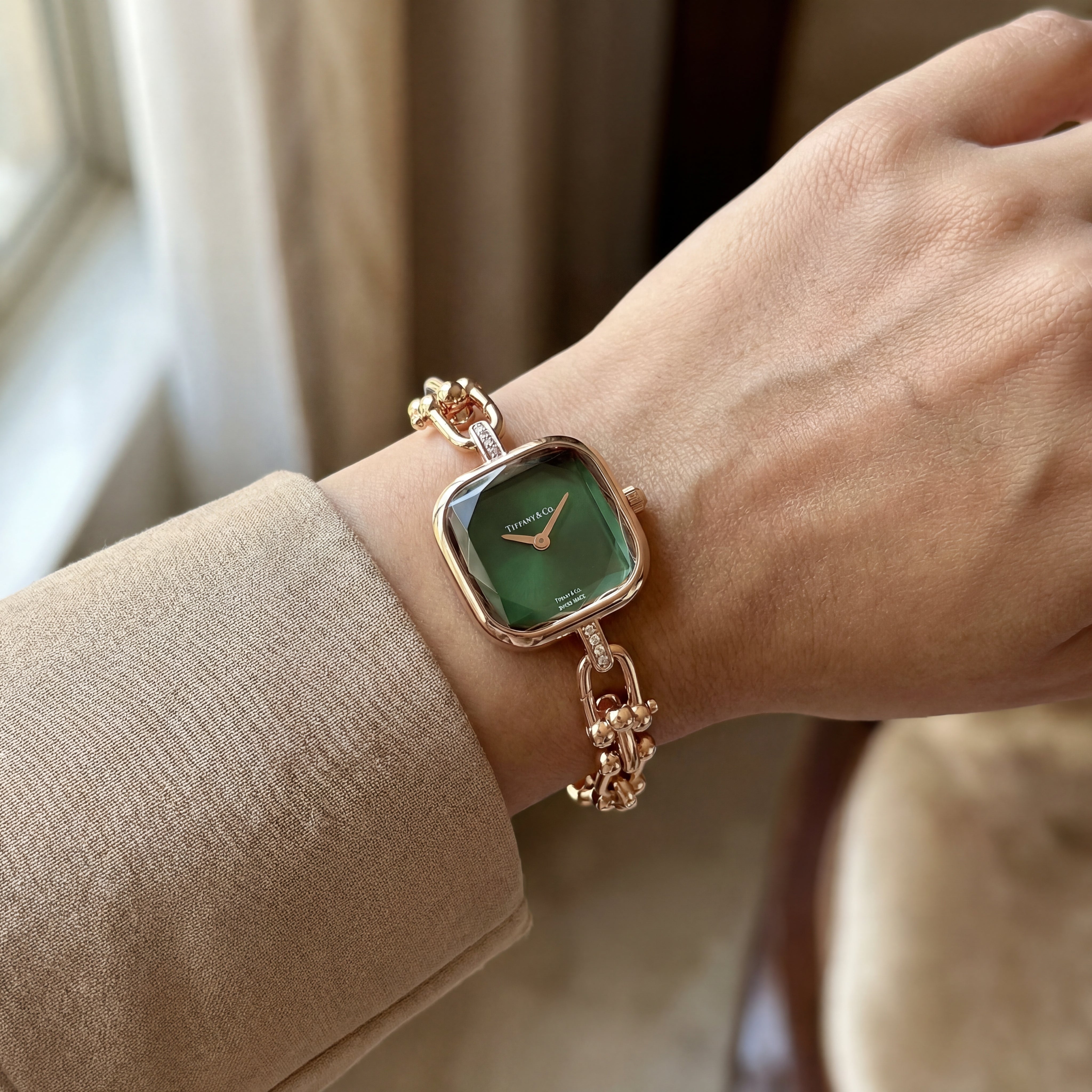 Rose Gold Square Case Emerald Sunray Dial Jewelry Bracelet Watch – Women