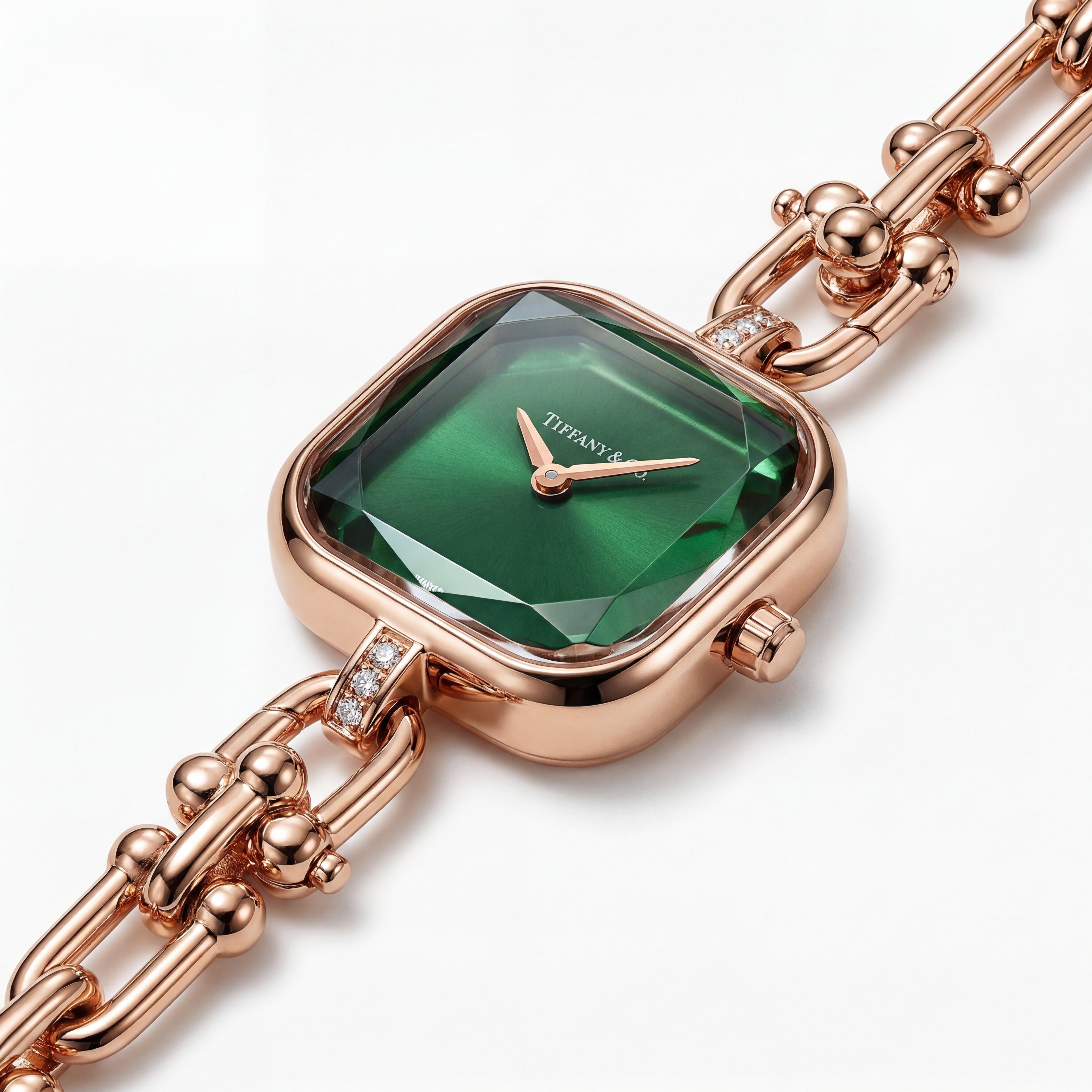 Rose Gold Square Case Emerald Sunray Dial Jewelry Bracelet Watch – Women