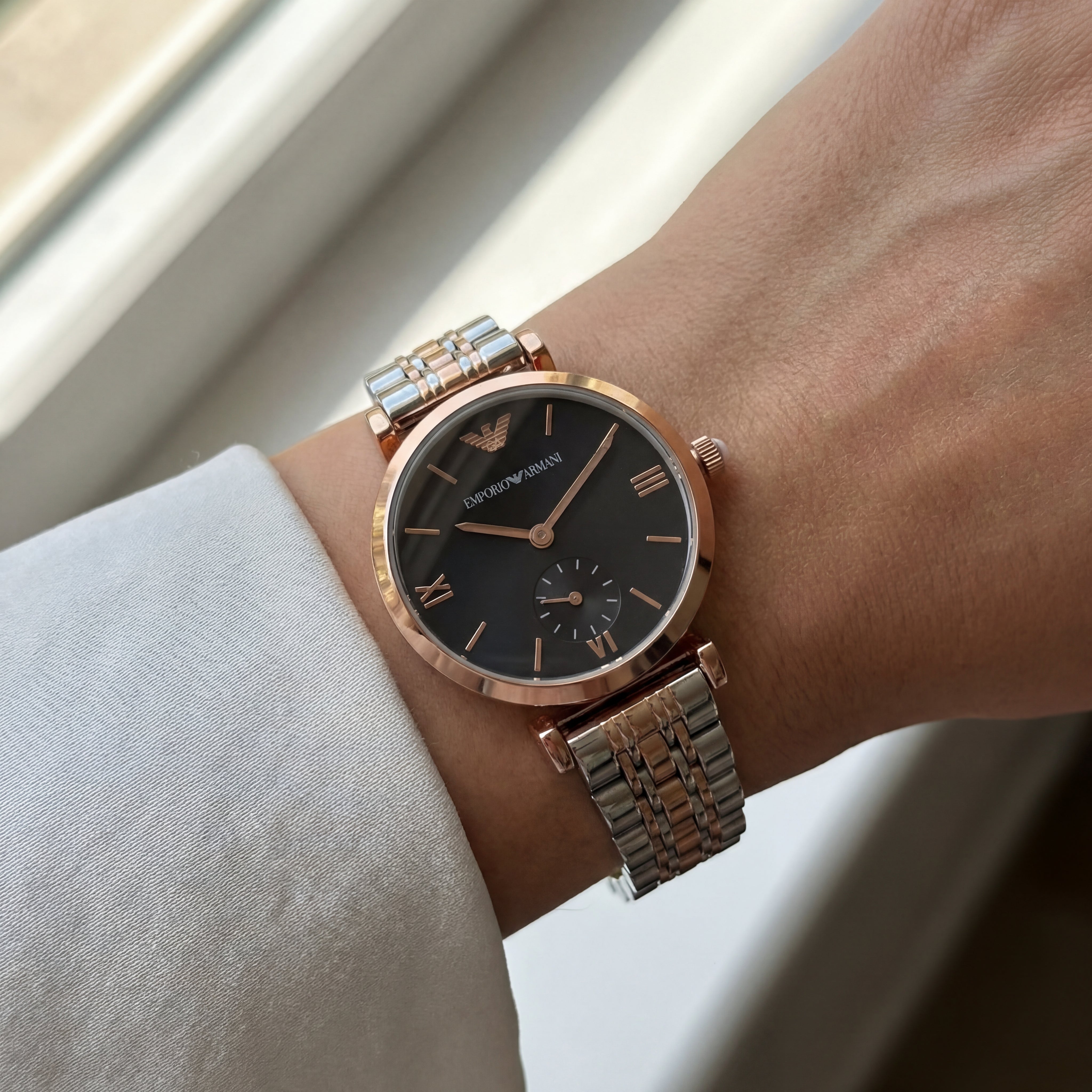 Two-Tone Steel & Rose Gold Black Dial Sub-Second Classic Bracelet Watch – Women