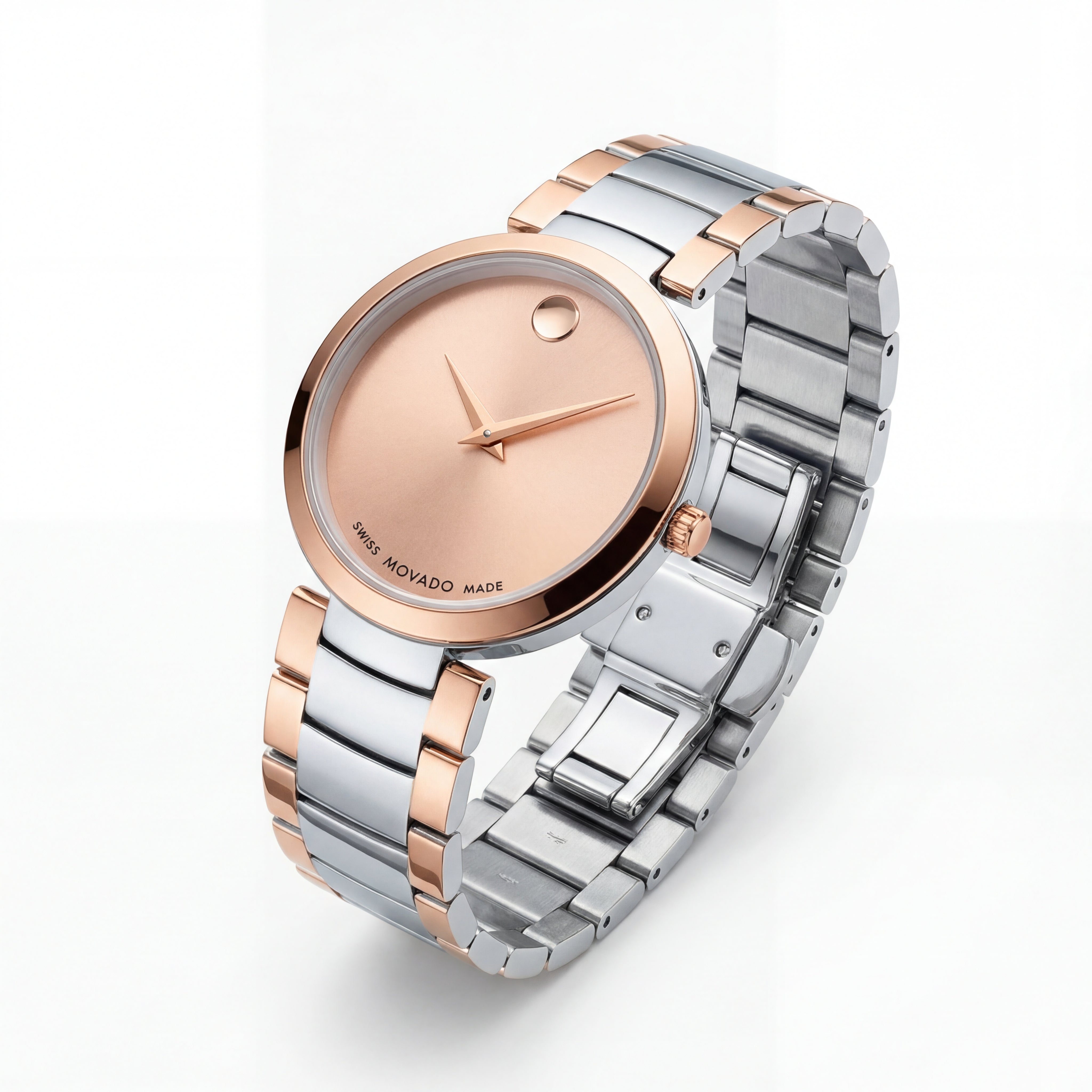 Two-Tone Steel & Rose Gold Minimalist Champagne Sunray Dial Luxury Bracelet Watch – Women