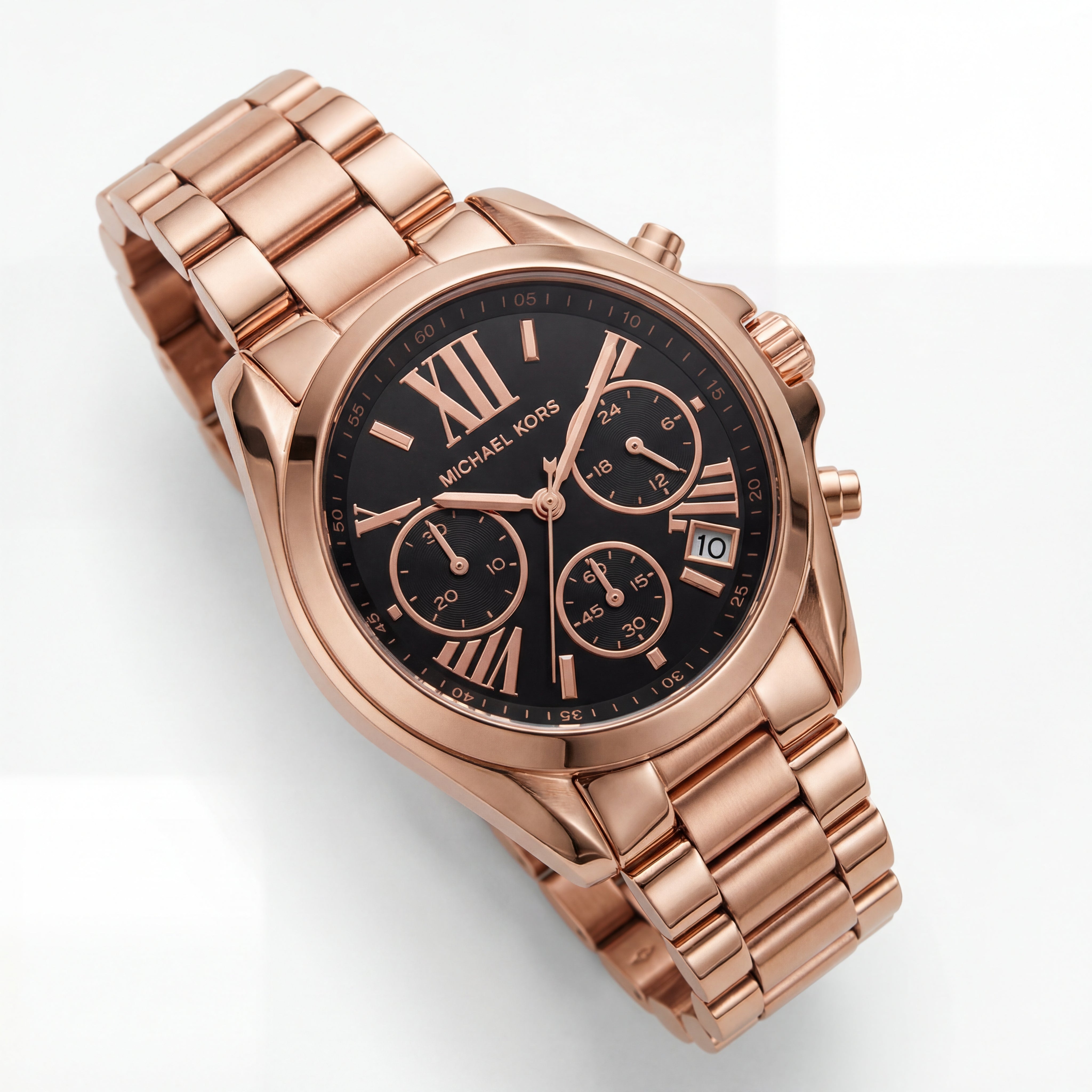 Rose Gold Chronograph Black Dial Roman Numeral Luxury Bracelet Watch – Women