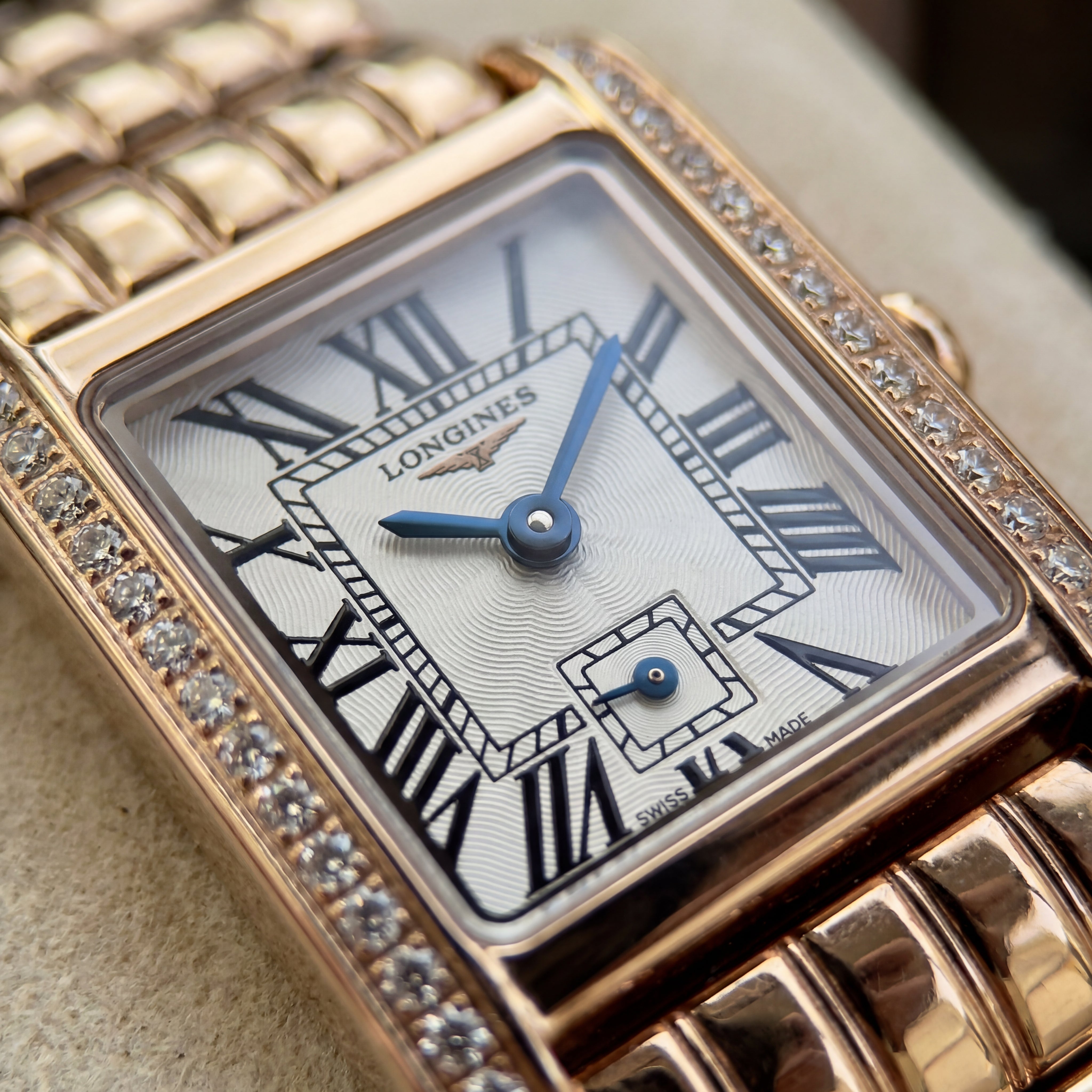 Rose Gold Diamond-Set Rectangular Roman Dial Luxury Bracelet Watch – Women