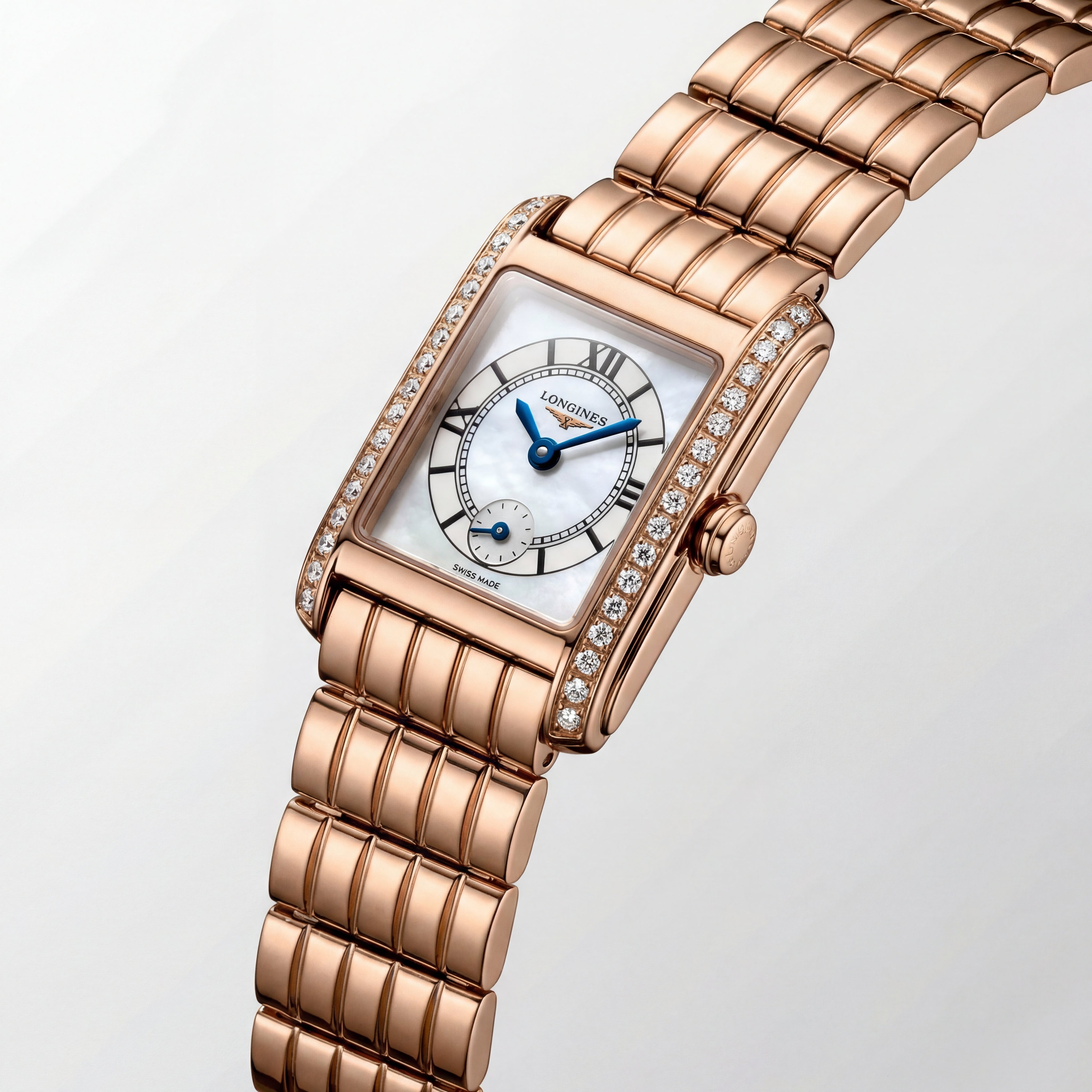 Rose Gold Diamond-Set Rectangular Mother-of-Pearl Roman Dial Luxury Bracelet Watch – Women