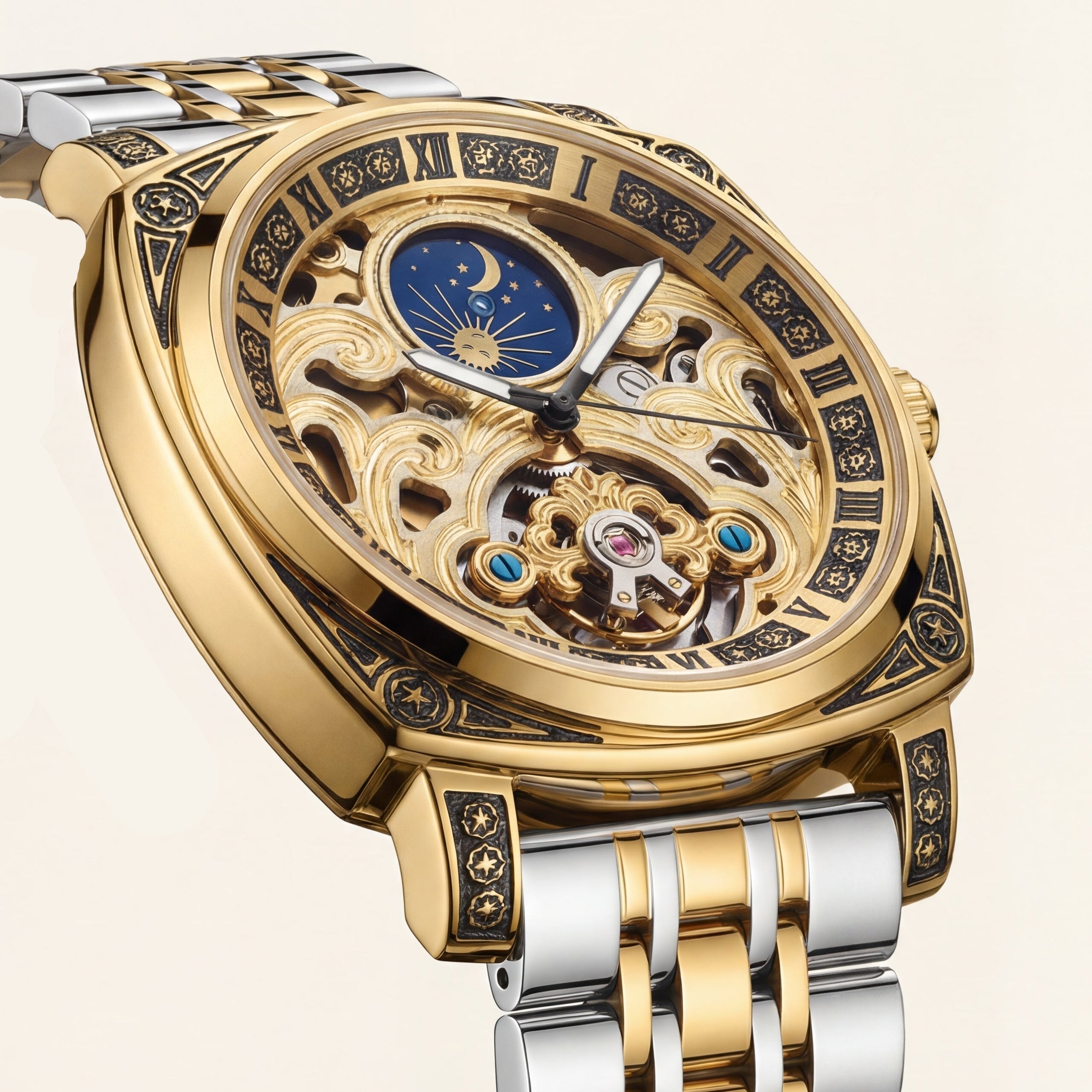 Gold Skeleton Moonphase Open-Heart Automatic Men’s WatcH