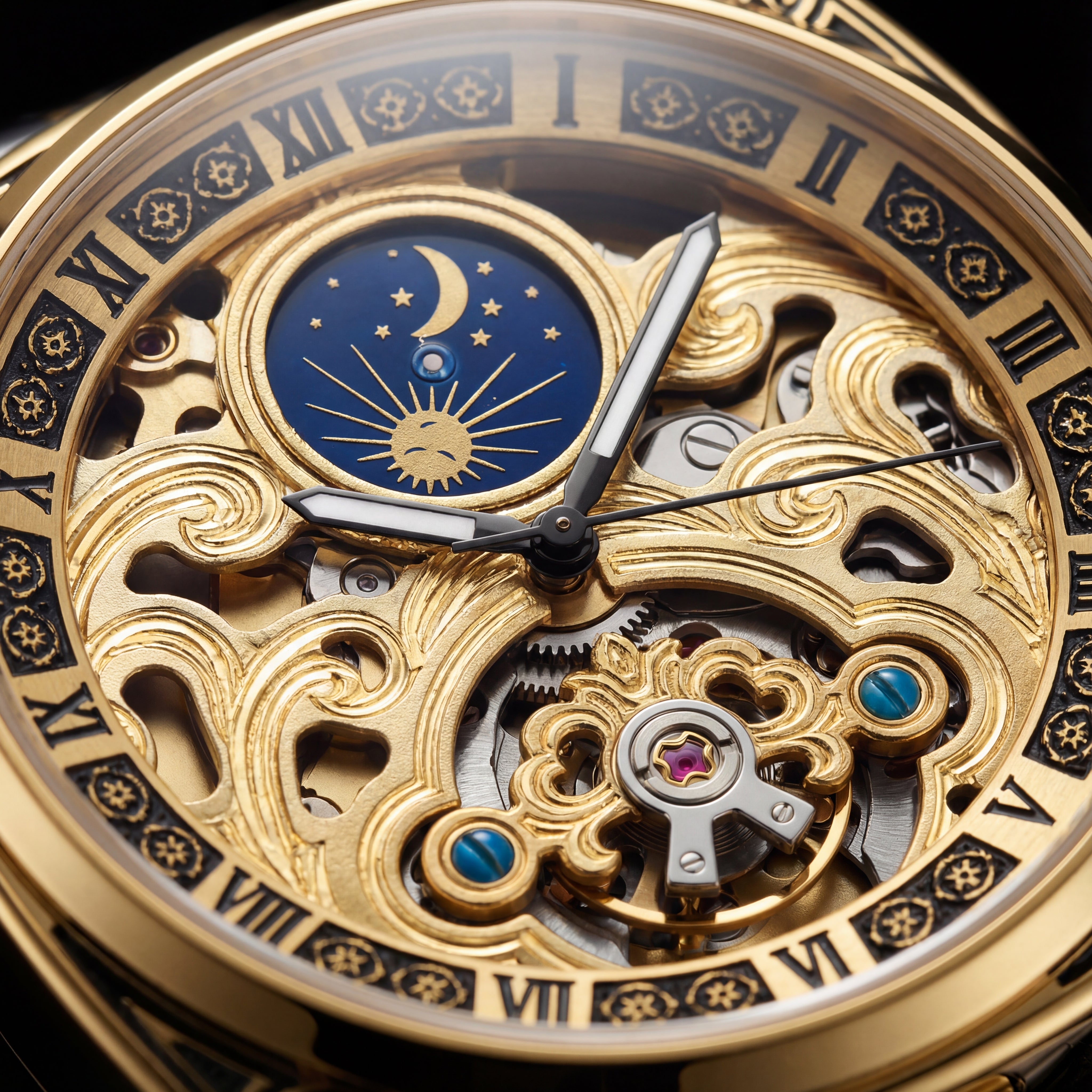 Gold Skeleton Moonphase Open-Heart Automatic Men’s WatcH
