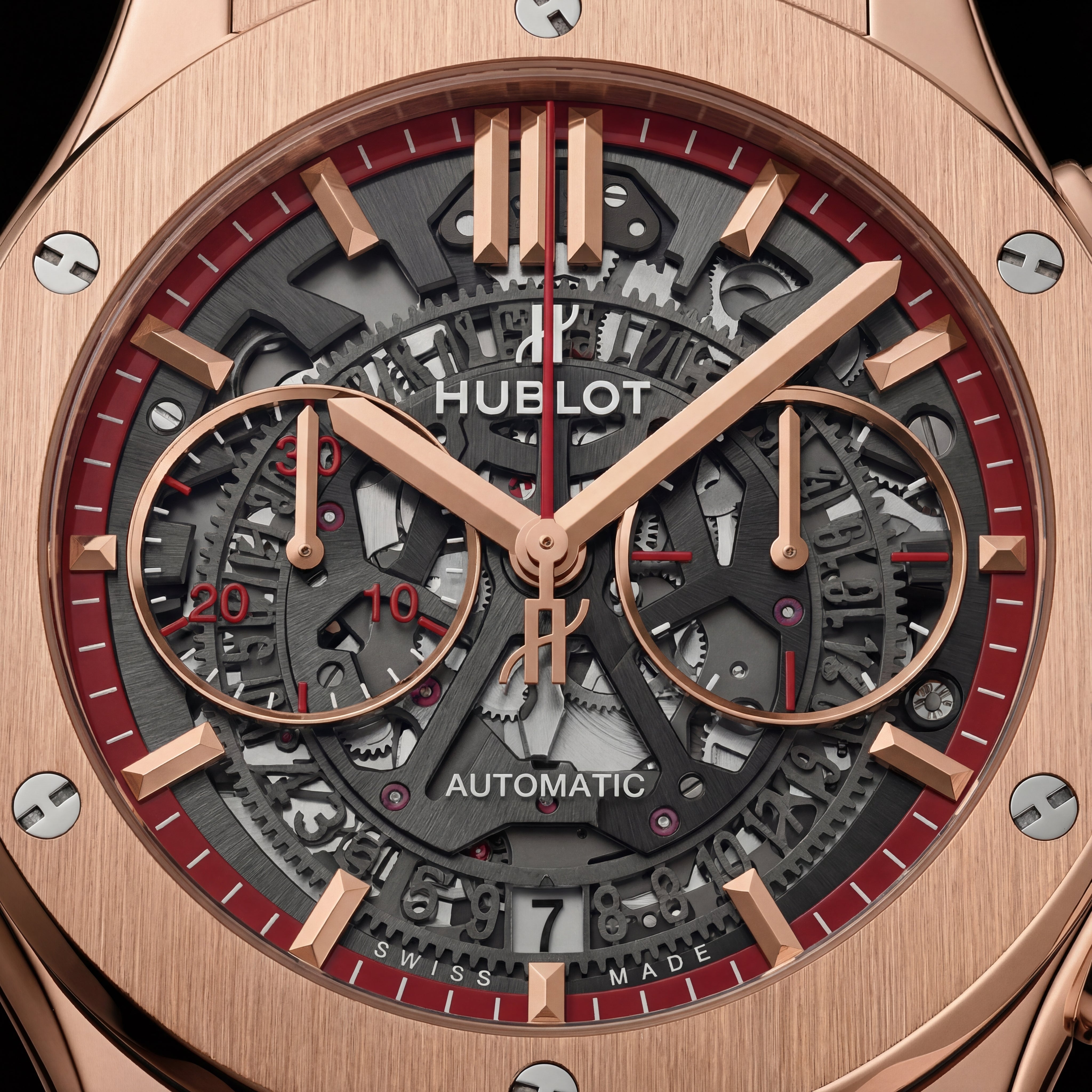 Rose Gold Skeleton Chronograph Watch with Red Leather Strap