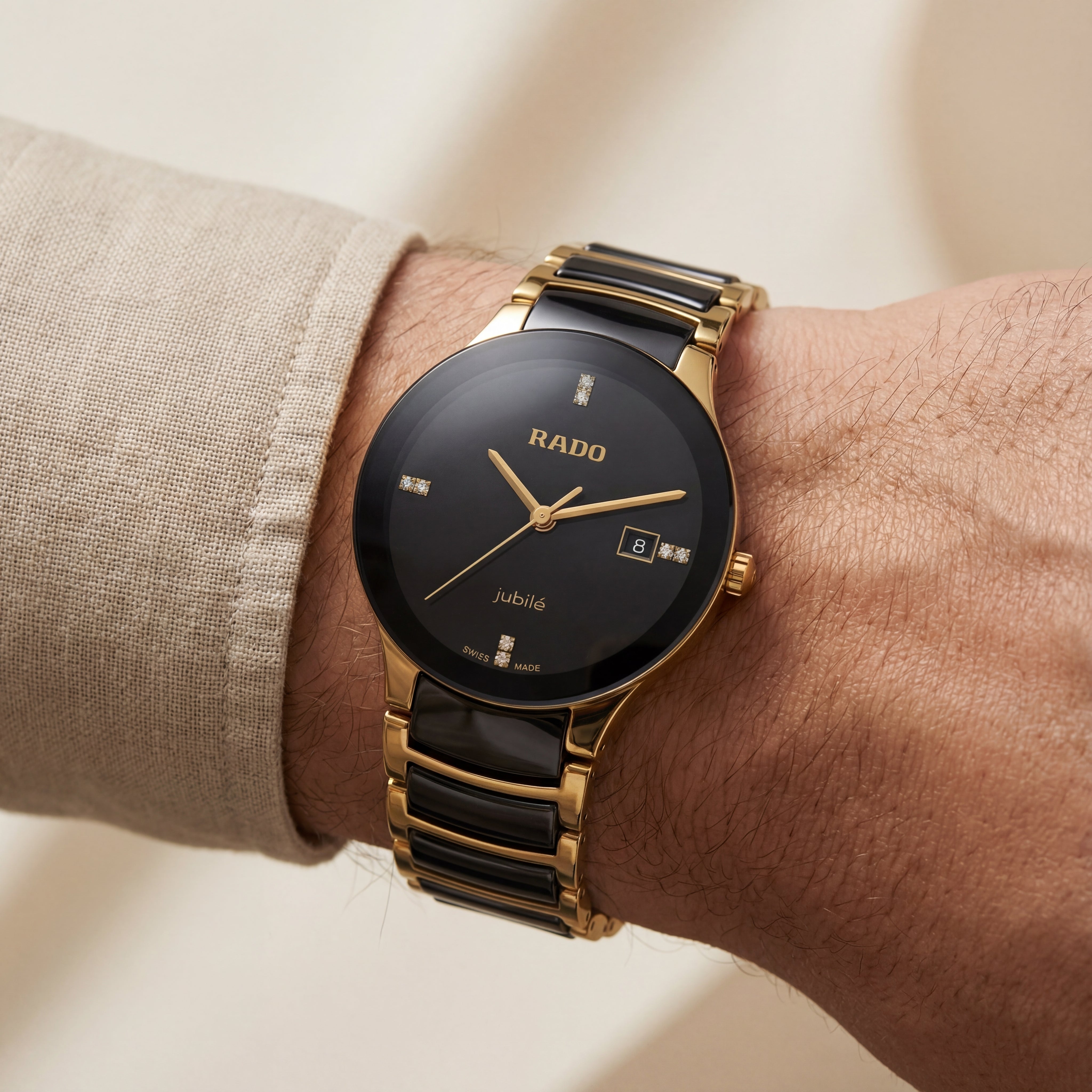 Black &amp; Gold Ceramic Round Watch – Diamond Marker Edition