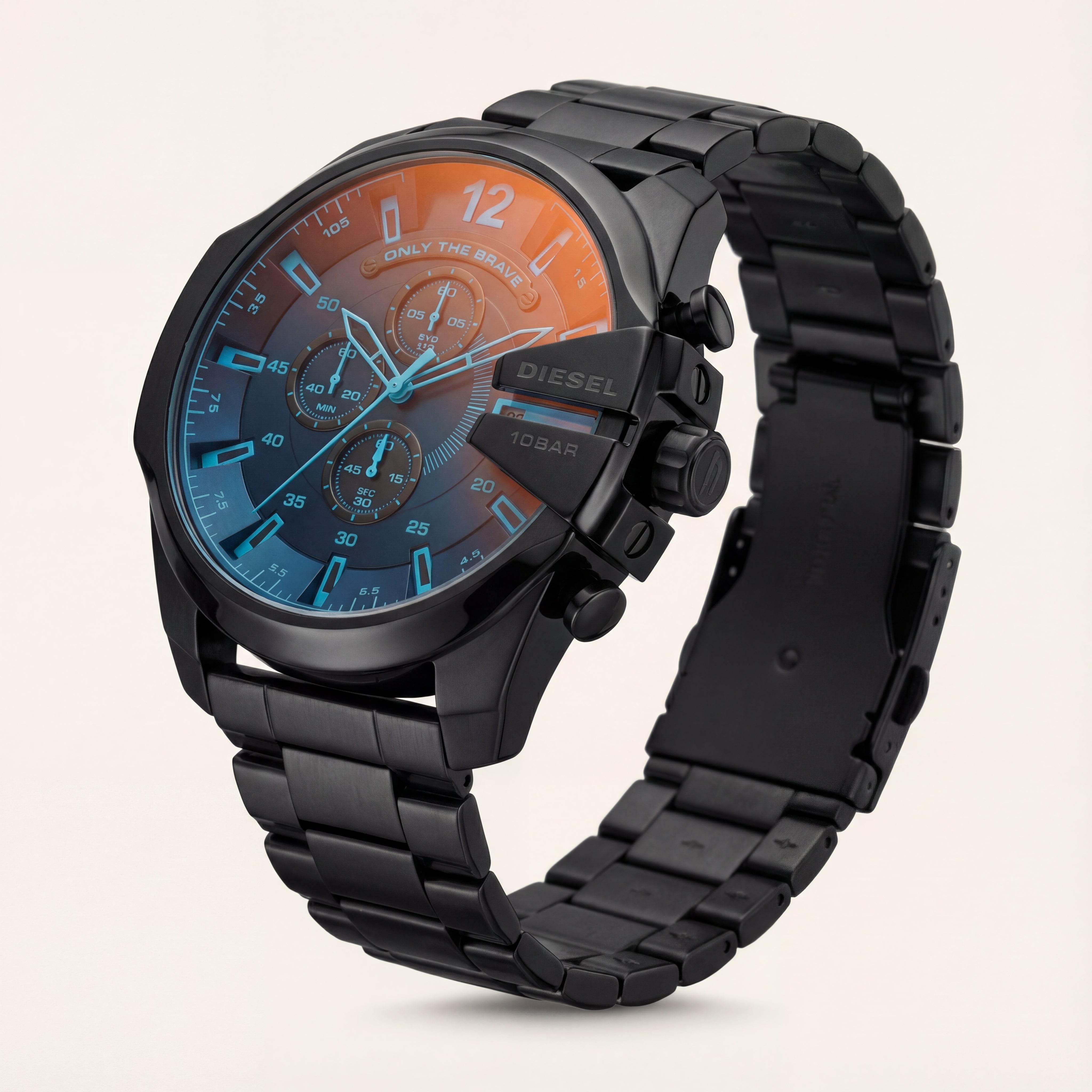 Black Steel Chronograph Men’s Watch with Dual-Tone Gradient Dial