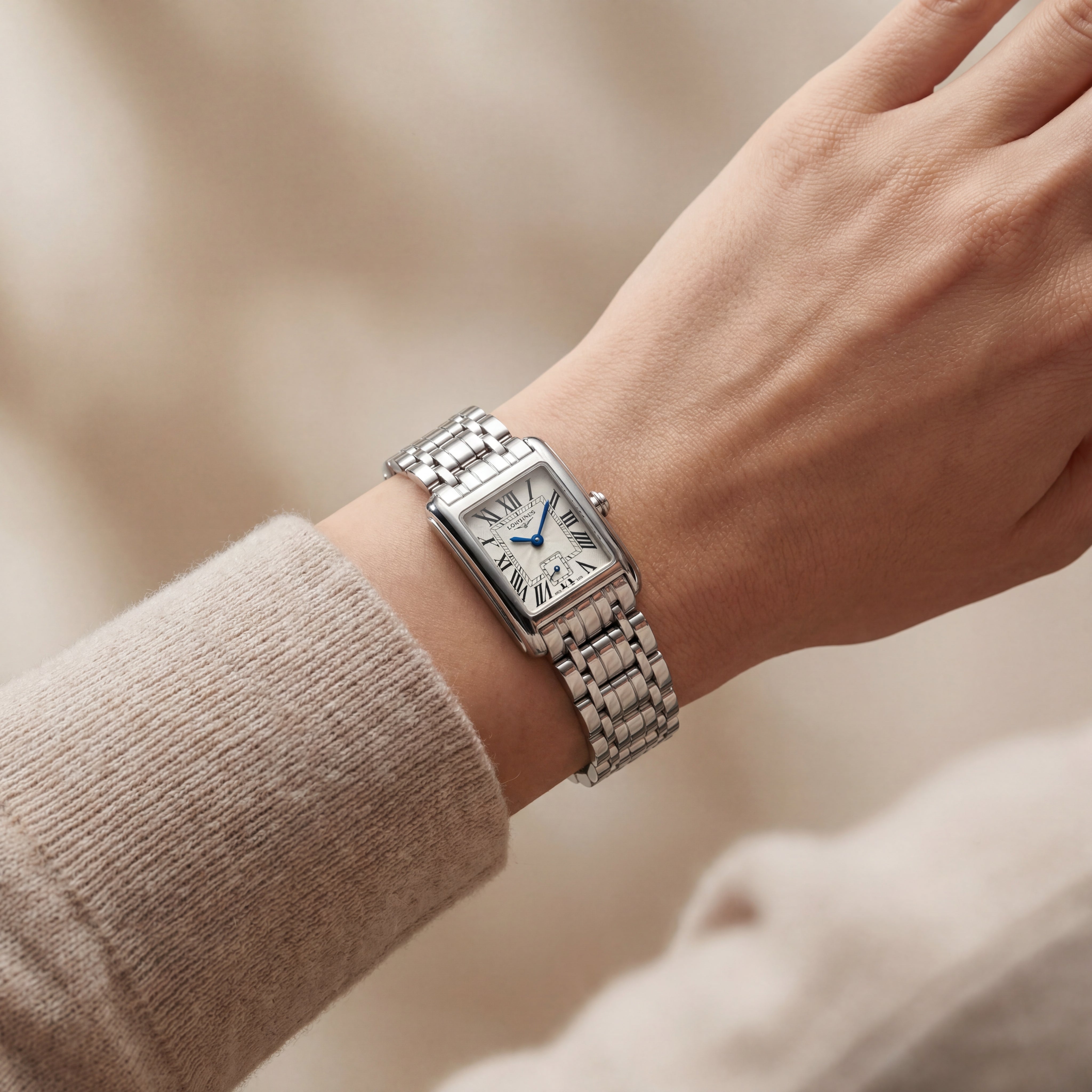 Classic Rectangular Silver Dial Roman Numeral Steel Bracelet Watch – Women