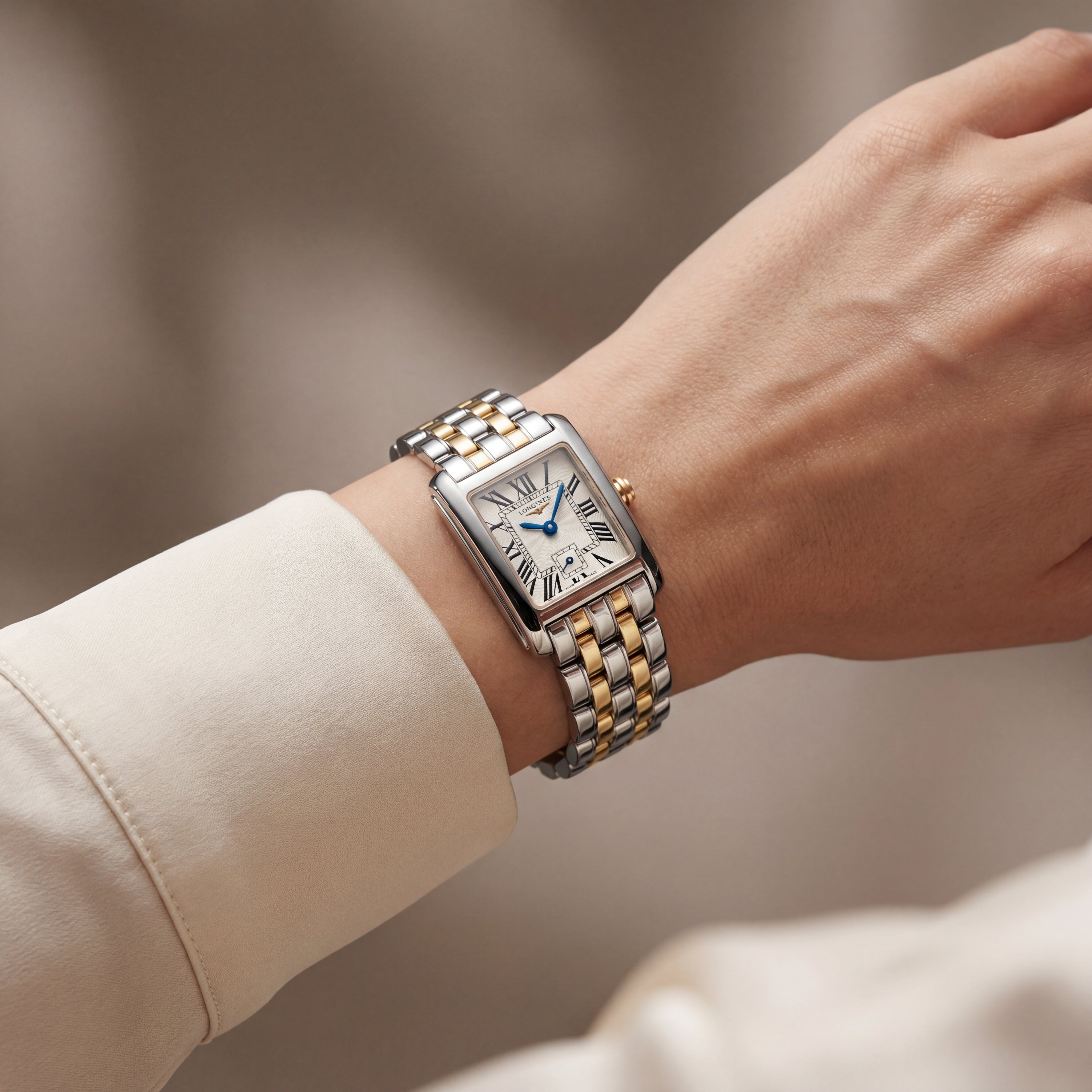 Two-Tone Rectangular Silver Dial Roman Numeral Steel Bracelet Watch – Women