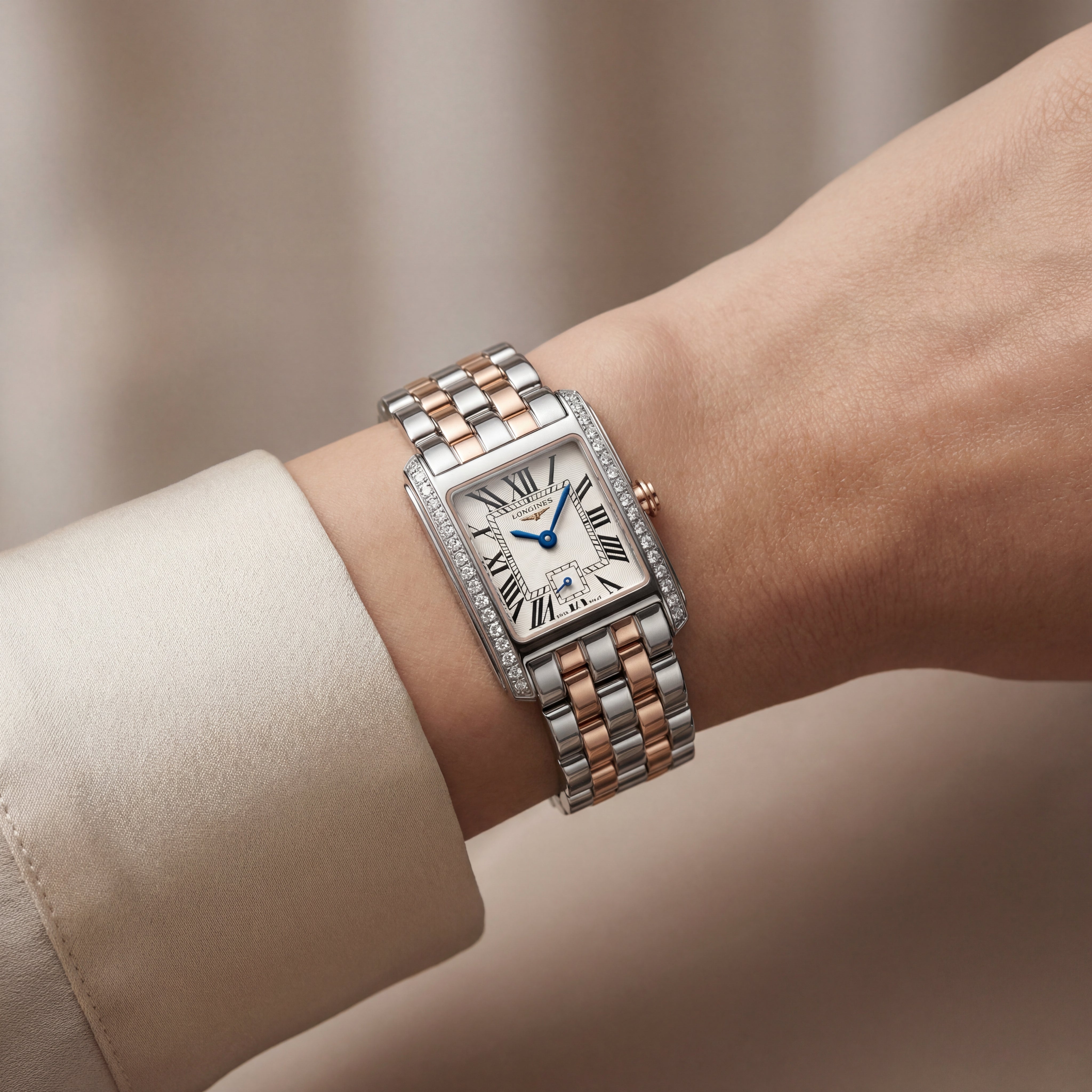 Diamond-Set Two-Tone Rectangular Roman Dial Steel Bracelet Watch – Women