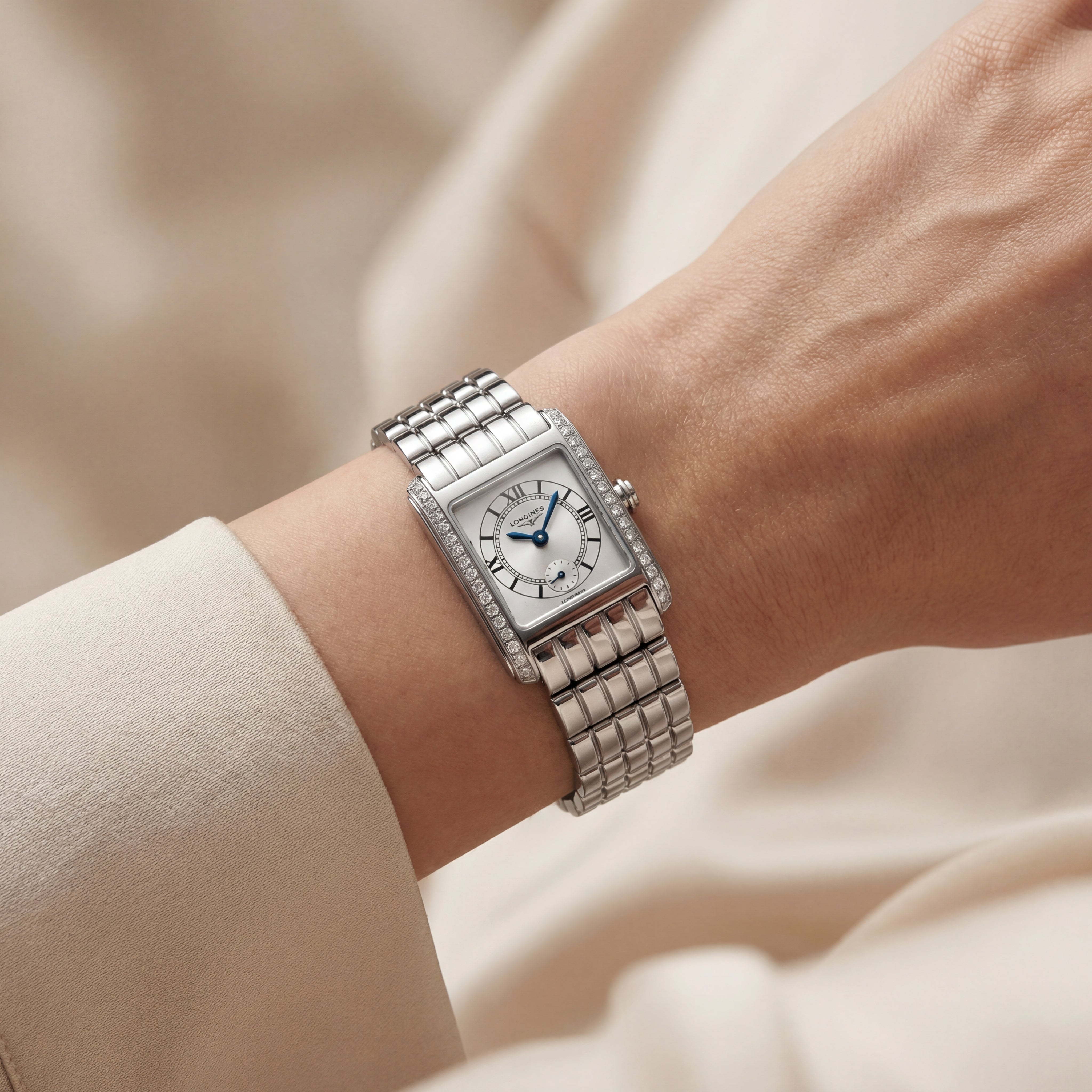 Diamond-Set Rectangular Silver Dial Roman Numeral Steel Bracelet Watch – Women