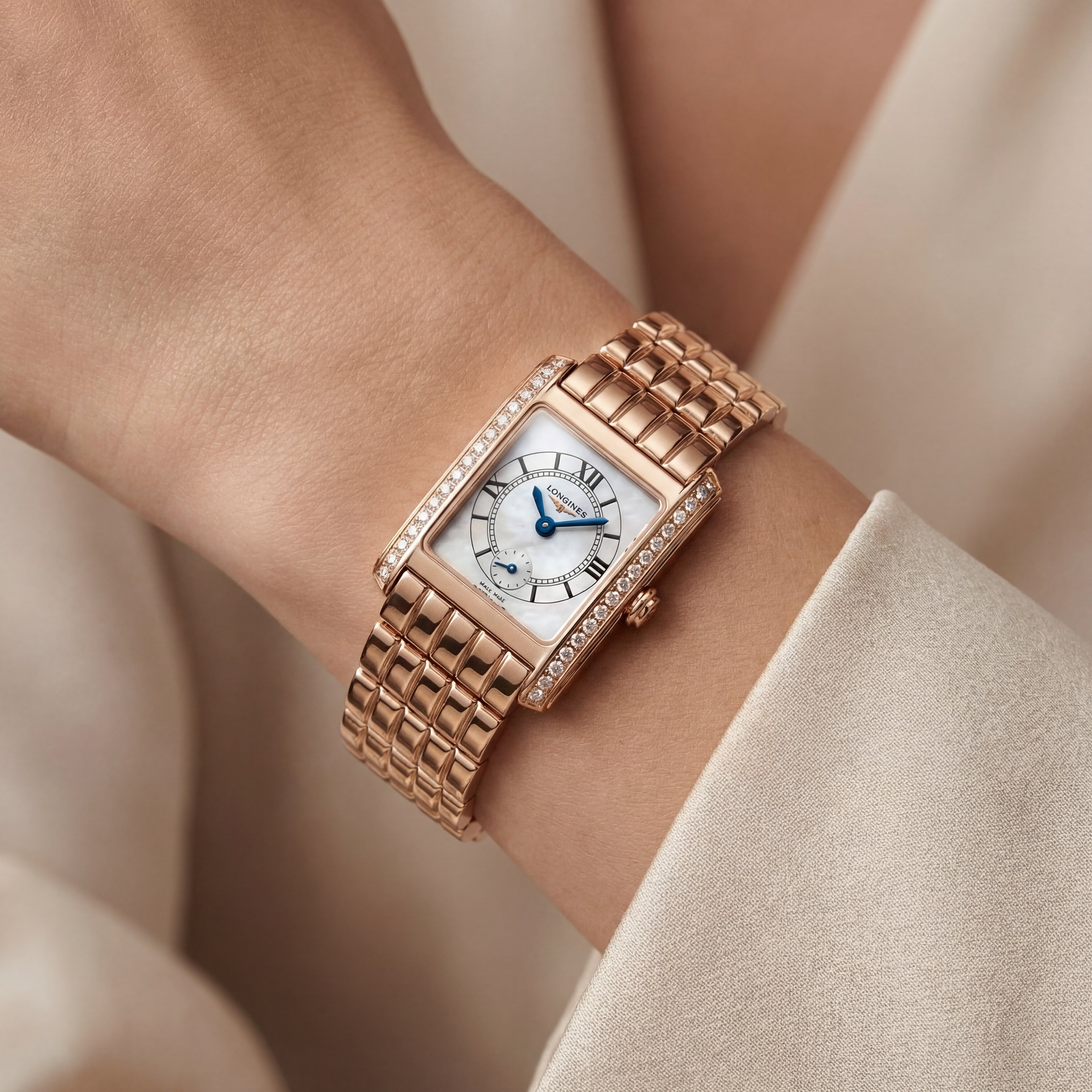 Rose Gold Diamond-Set Rectangular Mother-of-Pearl Roman Dial Luxury Bracelet Watch – Women