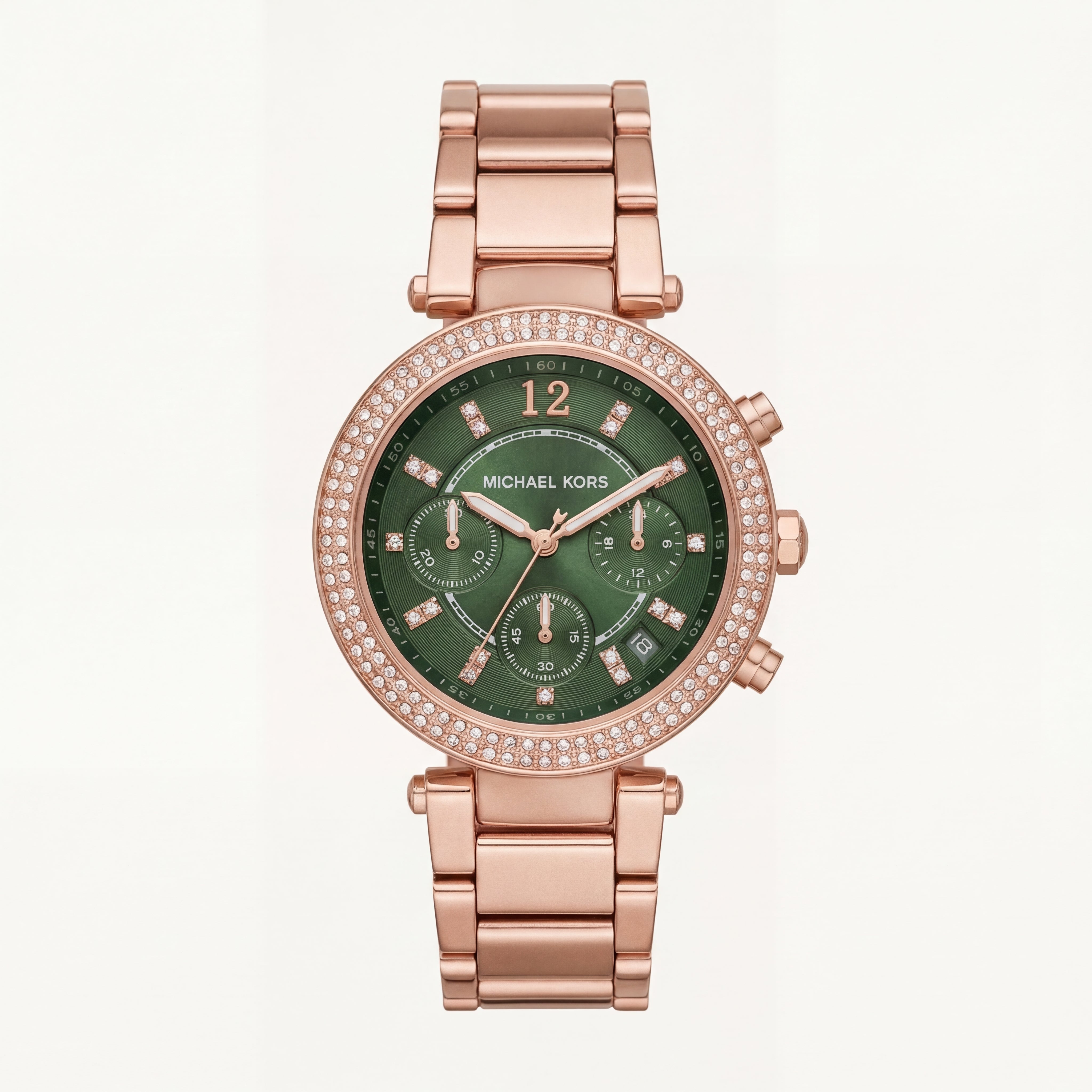 Rose Gold Crystal Bezel Green Chronograph Luxury Bracelet Watch – Women