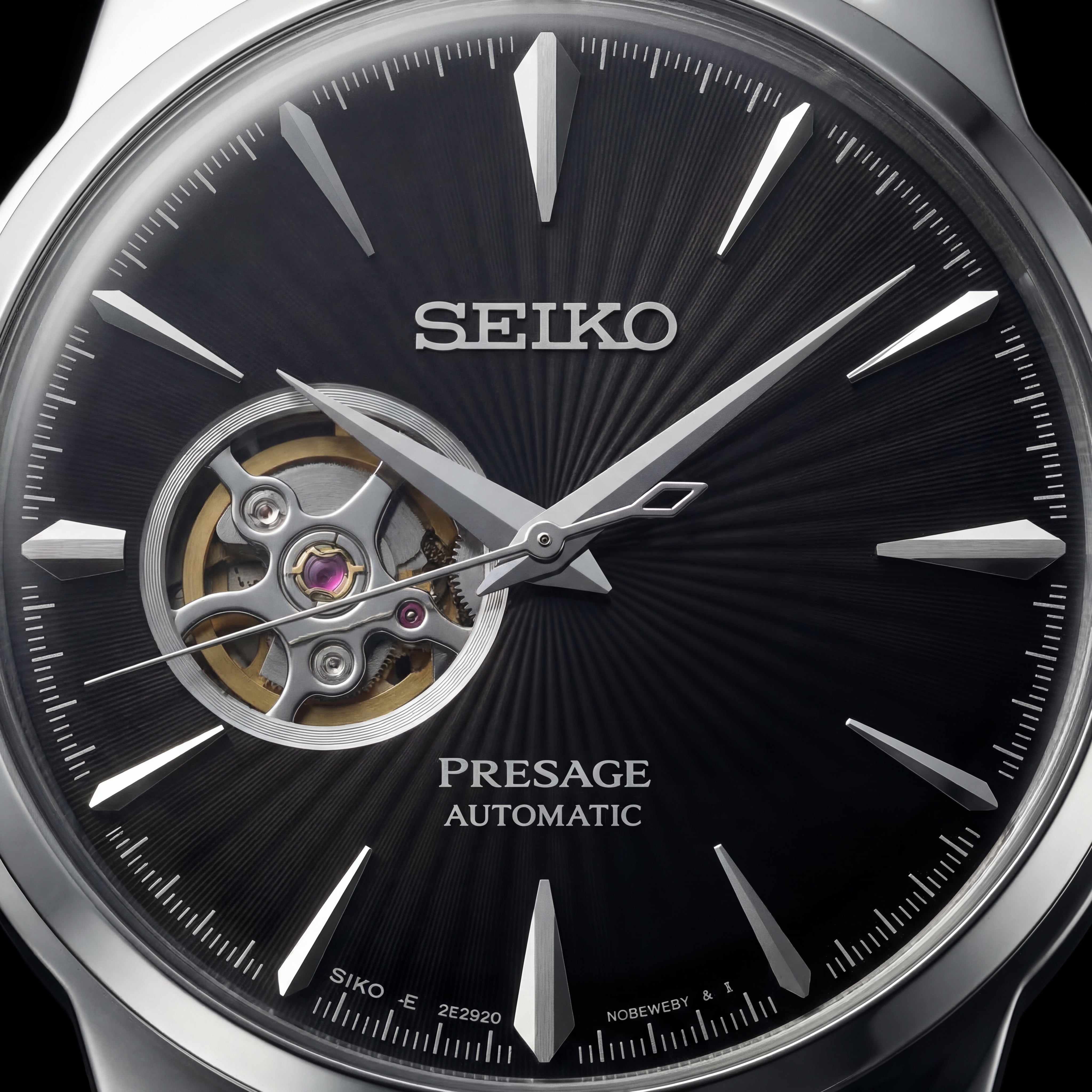 Silver Stainless Steel Case Black Sunburst Dial Open-Heart Automatic Luxury Bracelet Watch – Men