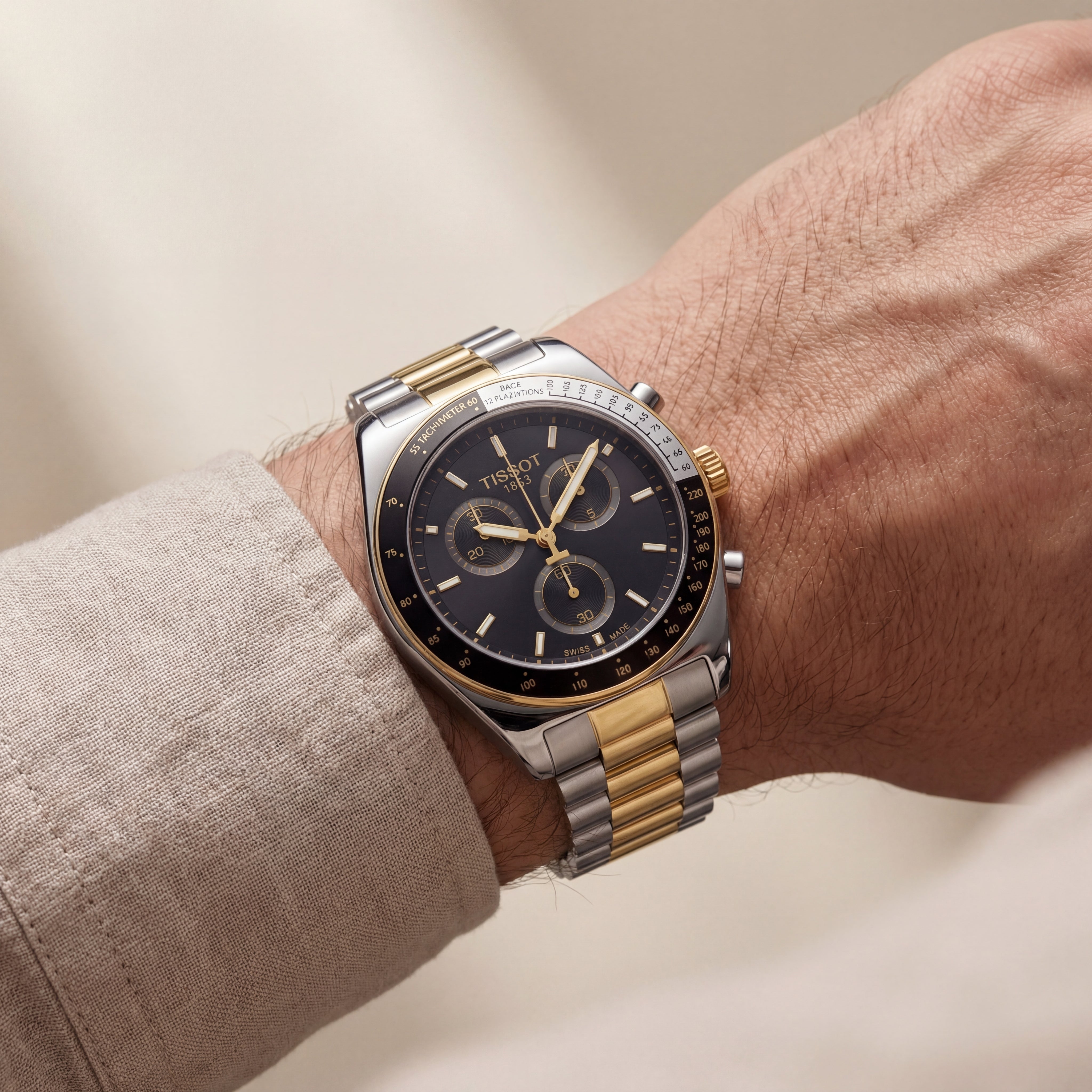 Luxury Two-Tone Stainless Steel Chronograph Tachymeter Black Dial Premium Bracelet Watch – Men