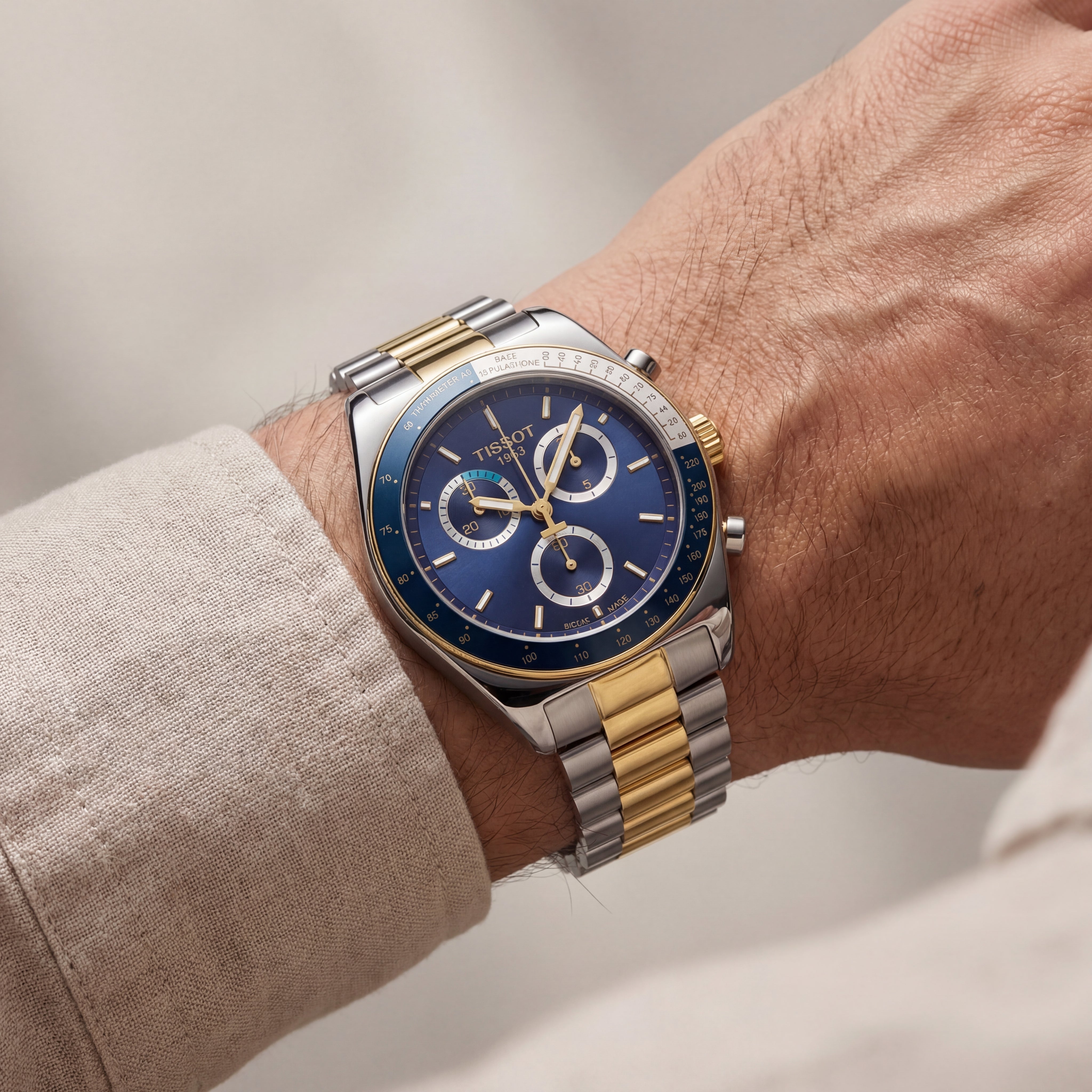 Luxury Two-Tone Stainless Steel Chronograph Tachymeter Blue Dial Premium Bracelet Watch – Men
