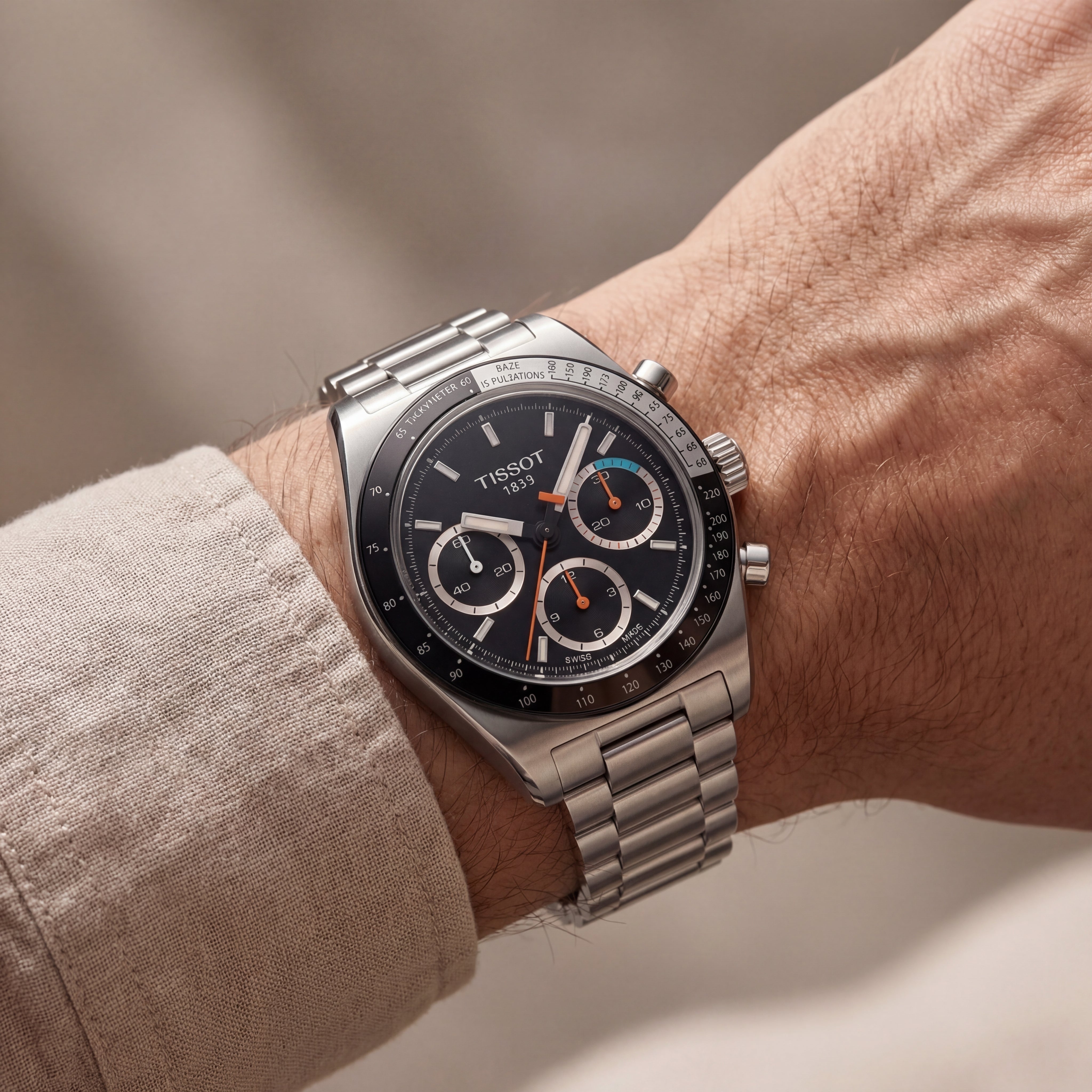 Luxury Stainless Steel Chronograph Tachymeter Black Dial Sport Bracelet Watch – Men