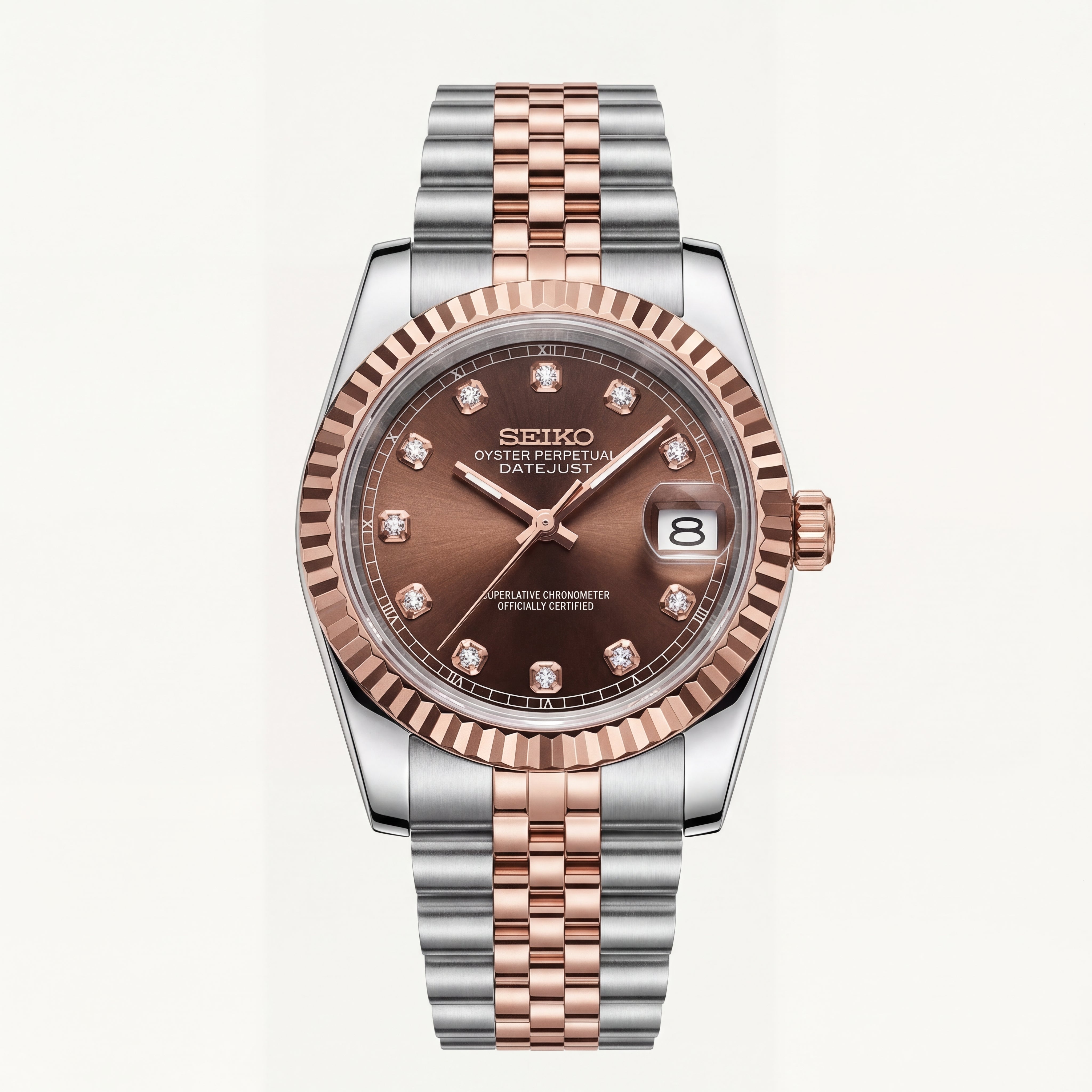 Luxury Two-Tone Rose Gold Watch Fluted Bezel Brown Sunburst Dial Diamond Hour Markers Stainless Steel Jubilee Bracelet – Men