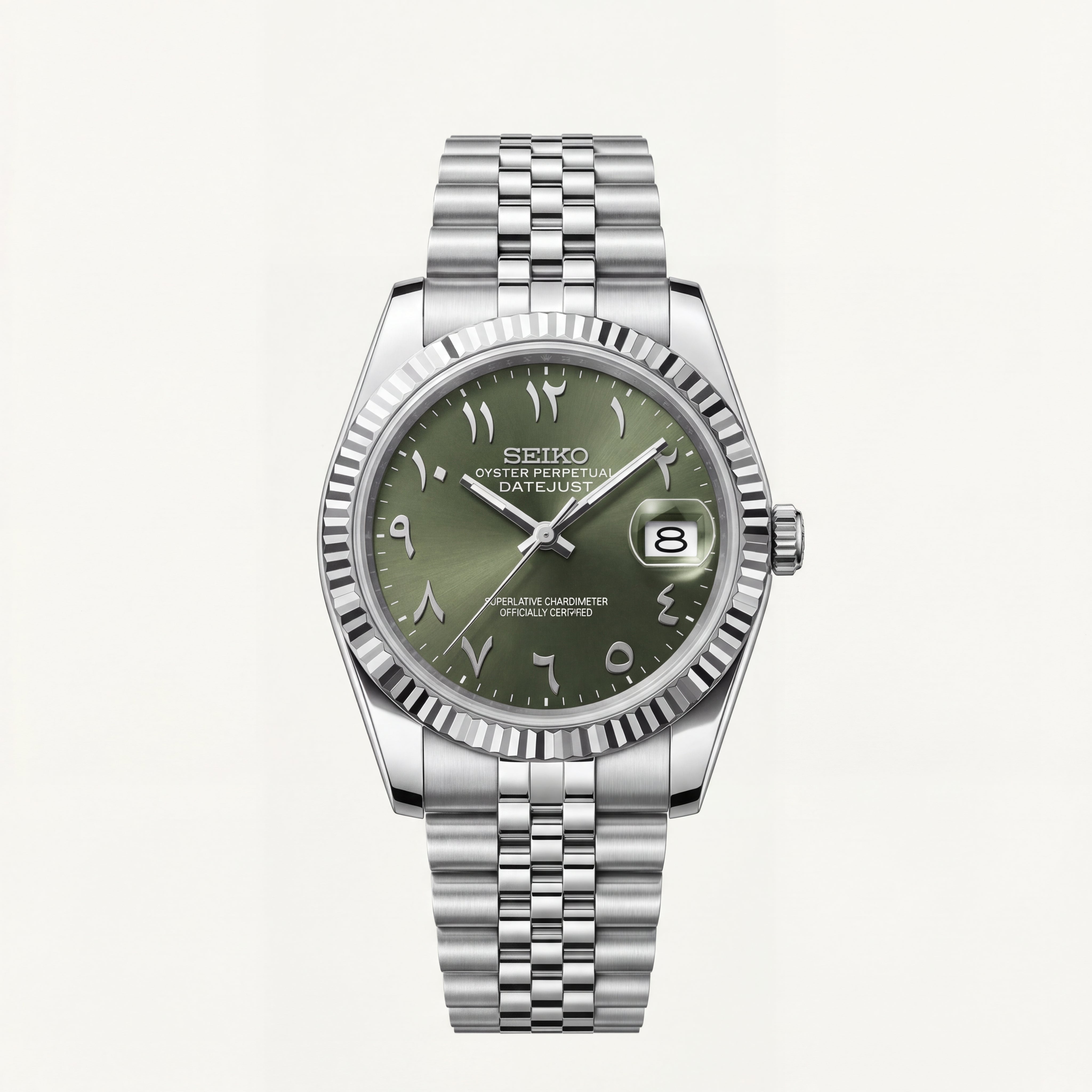 Luxury Silver Stainless Steel Watch Fluted Bezel Olive Green Sunburst Dial Arabic Numerals Jubilee Bracelet Premium Automatic Watch – Men