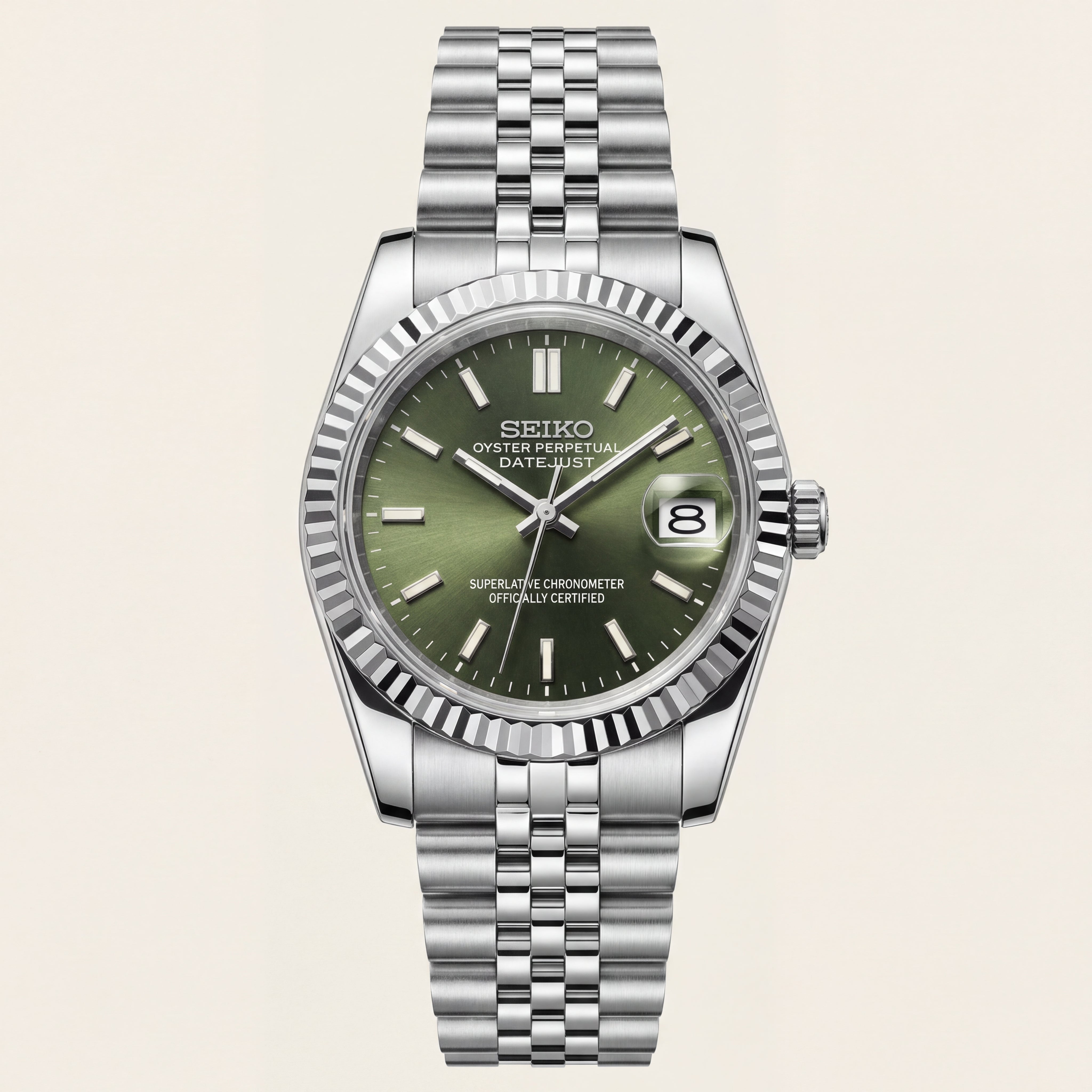 Luxury Silver Stainless Steel Watch Fluted Bezel Green Sunburst Dial Jubilee Bracelet Premium Automatic Watch – Men