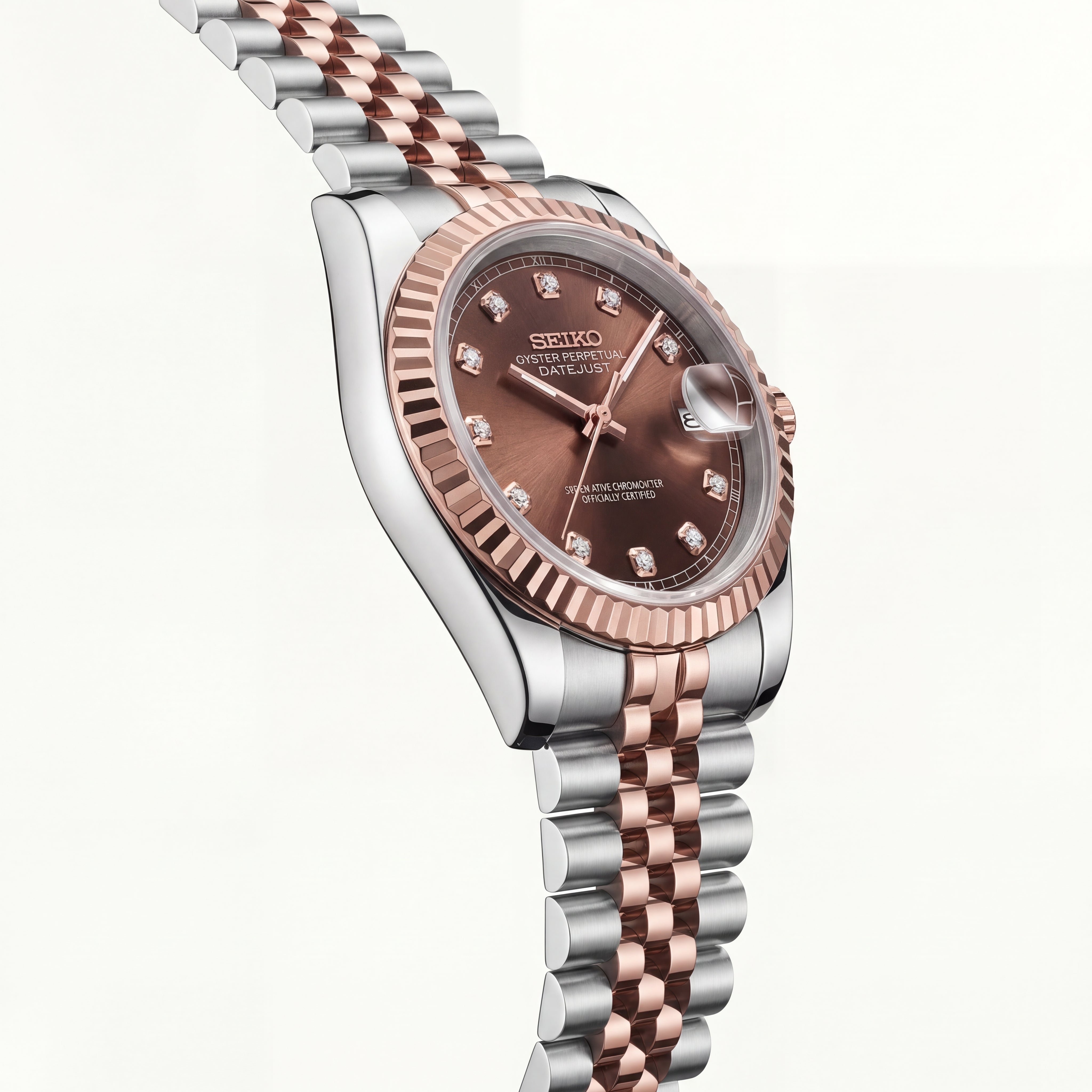 Luxury Two-Tone Rose Gold Watch Fluted Bezel Brown Sunburst Dial Diamond Hour Markers Stainless Steel Jubilee Bracelet – Men