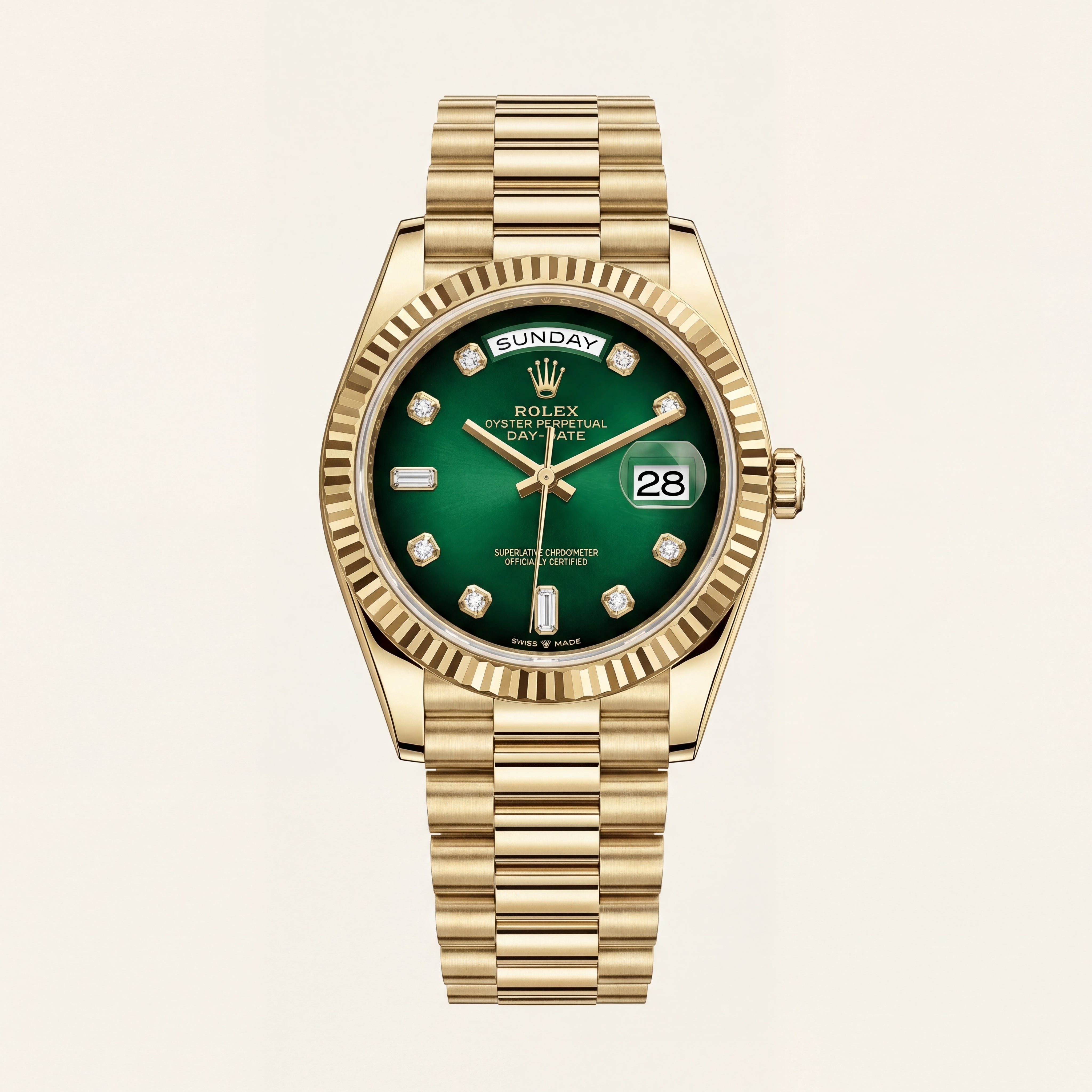Luxury Gold Stainless Steel Watch Fluted Bezel Emerald Green Sunburst Dial Diamond Markers Day-Date Automatic Watch – Men