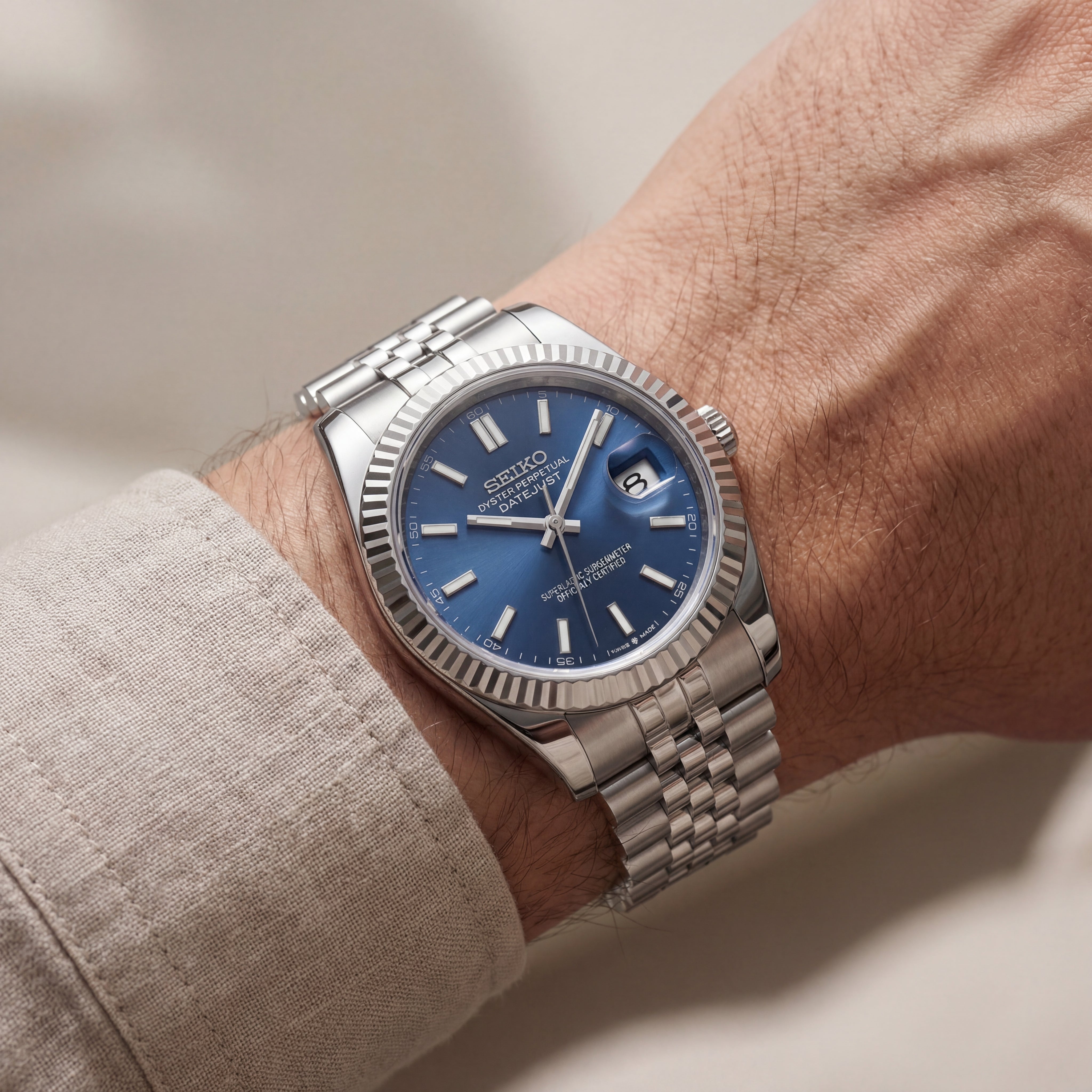 Luxury Stainless Steel Watch Fluted Bezel Blue Sunburst Dial Jubilee Bracelet Premium Automatic Date Watch – Men