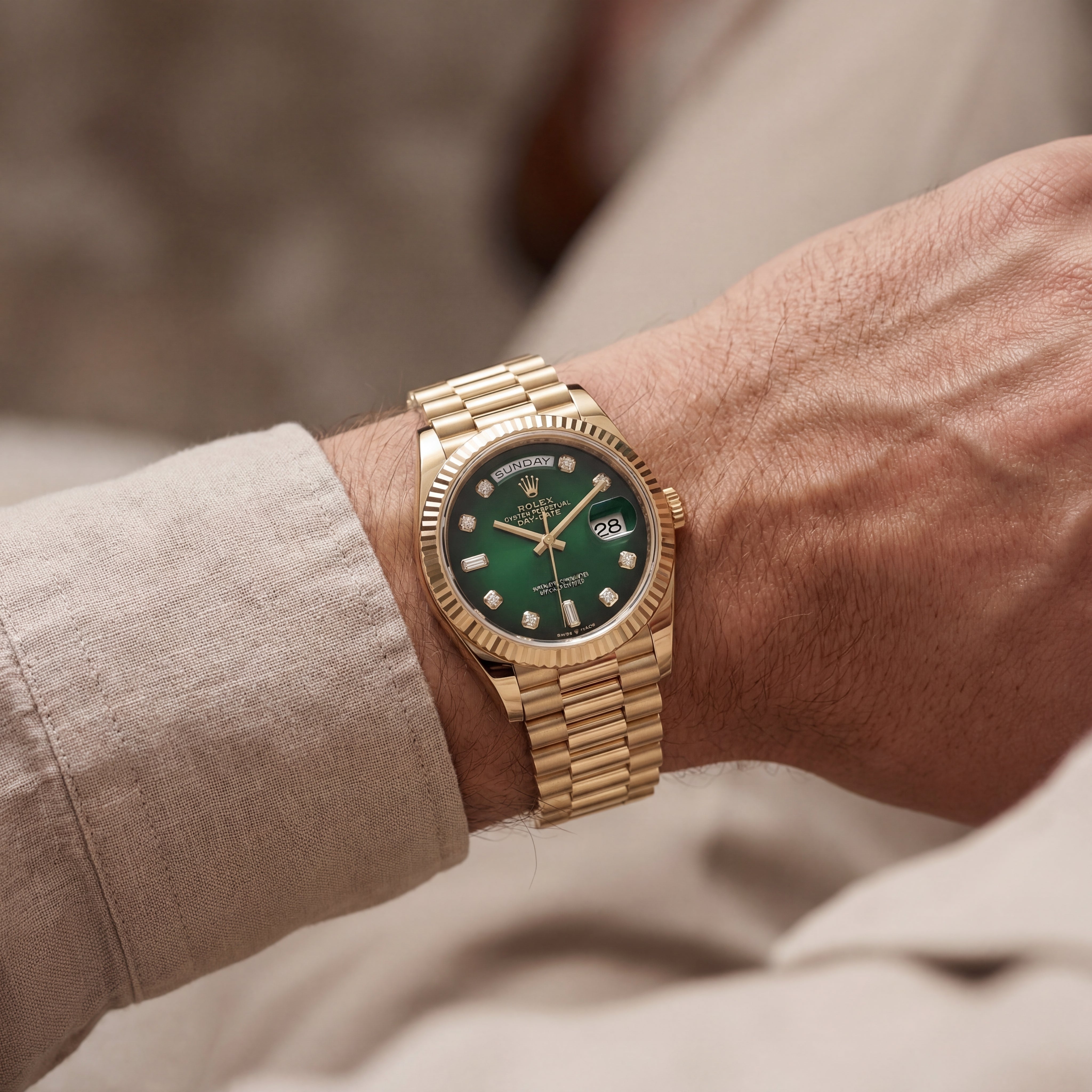 Luxury Gold Stainless Steel Watch Fluted Bezel Emerald Green Sunburst Dial Diamond Markers Day-Date  Watch – Men
