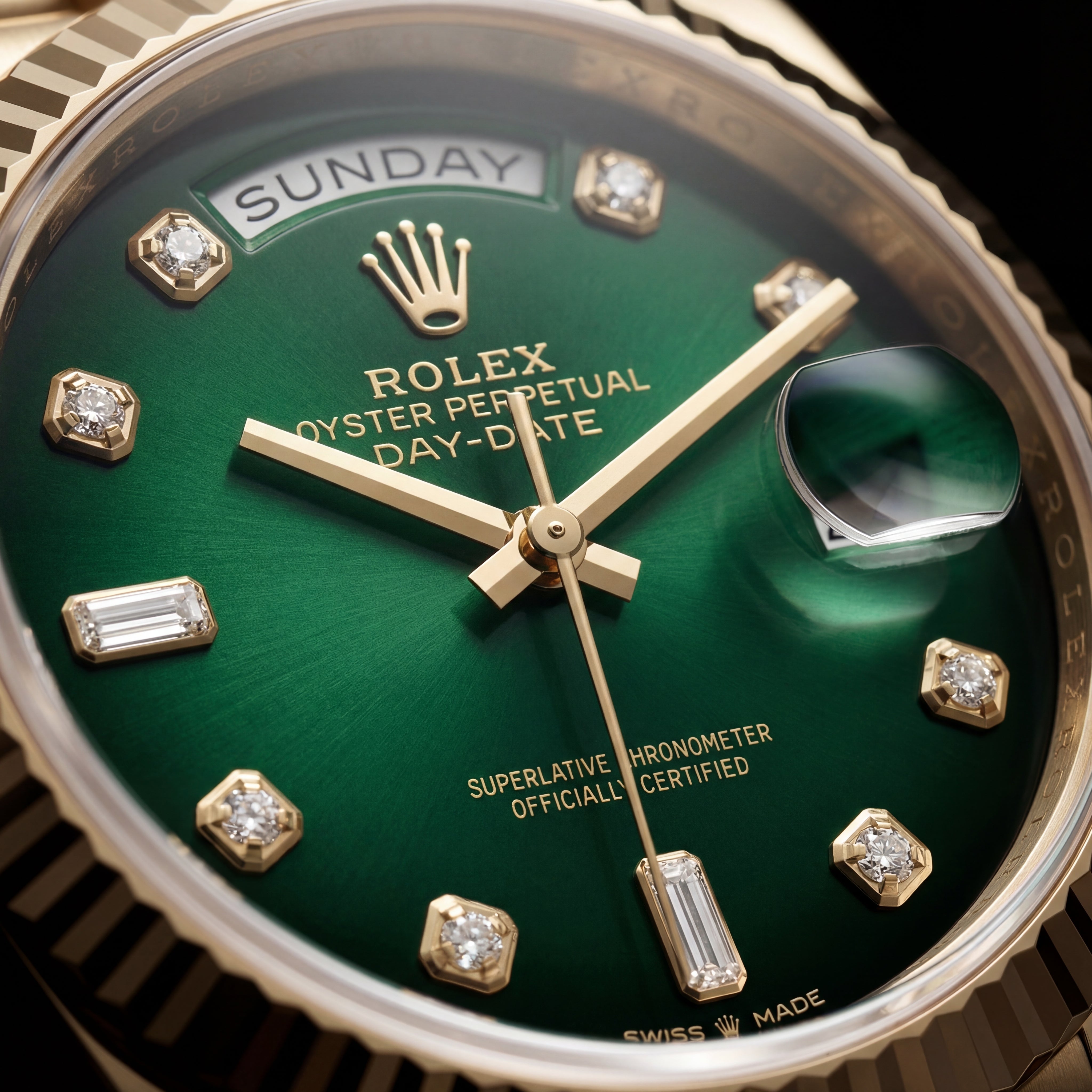 Luxury Gold Stainless Steel Watch Fluted Bezel Emerald Green Sunburst Dial Diamond Markers Day-Date  Watch – Men