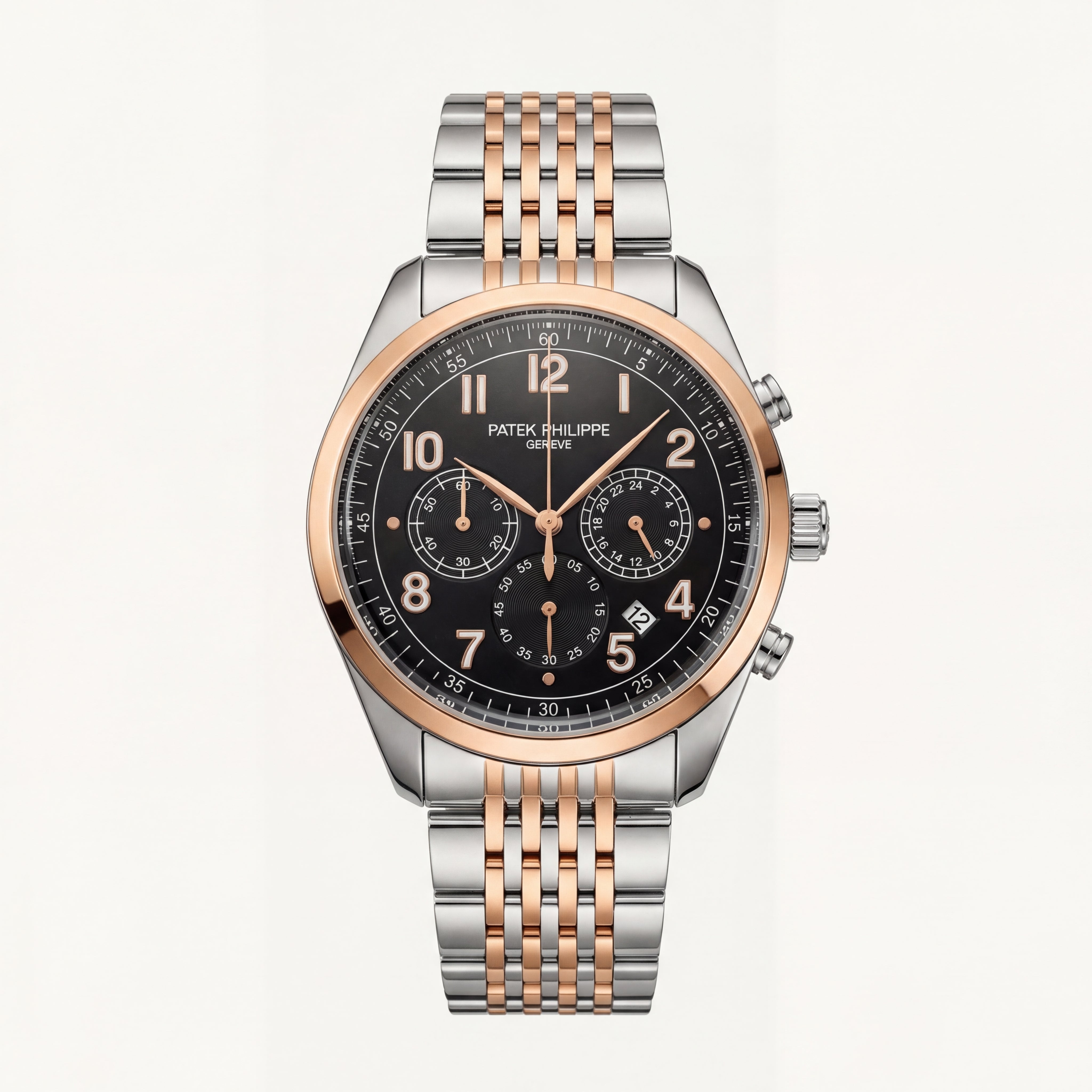 Luxury Two-Tone Stainless Steel Chronograph Watch Rose Gold Bezel Black Dial Arabic Numerals Multi-Subdial Date Display – Men